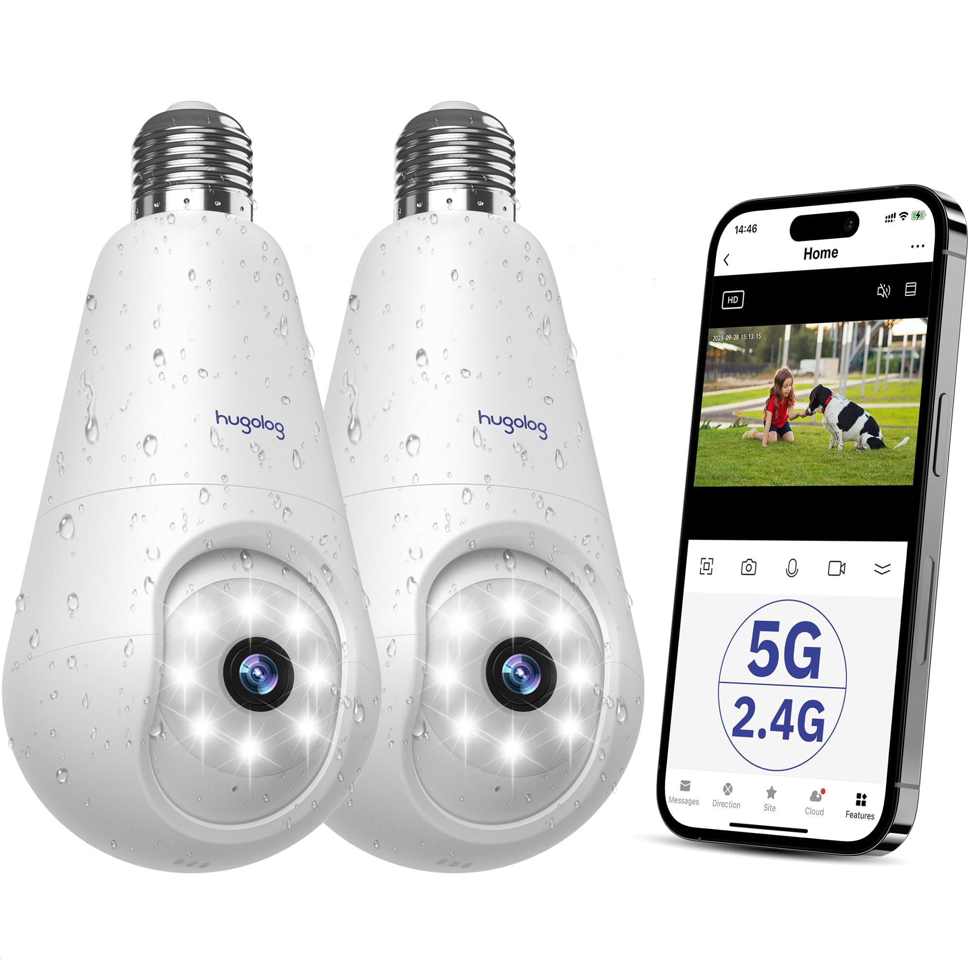 Hugolog 2K 3MP Light Bulb Security Camera, 5G & 2.4GHz WiFi, 360° Wireless Camera, AI Detection