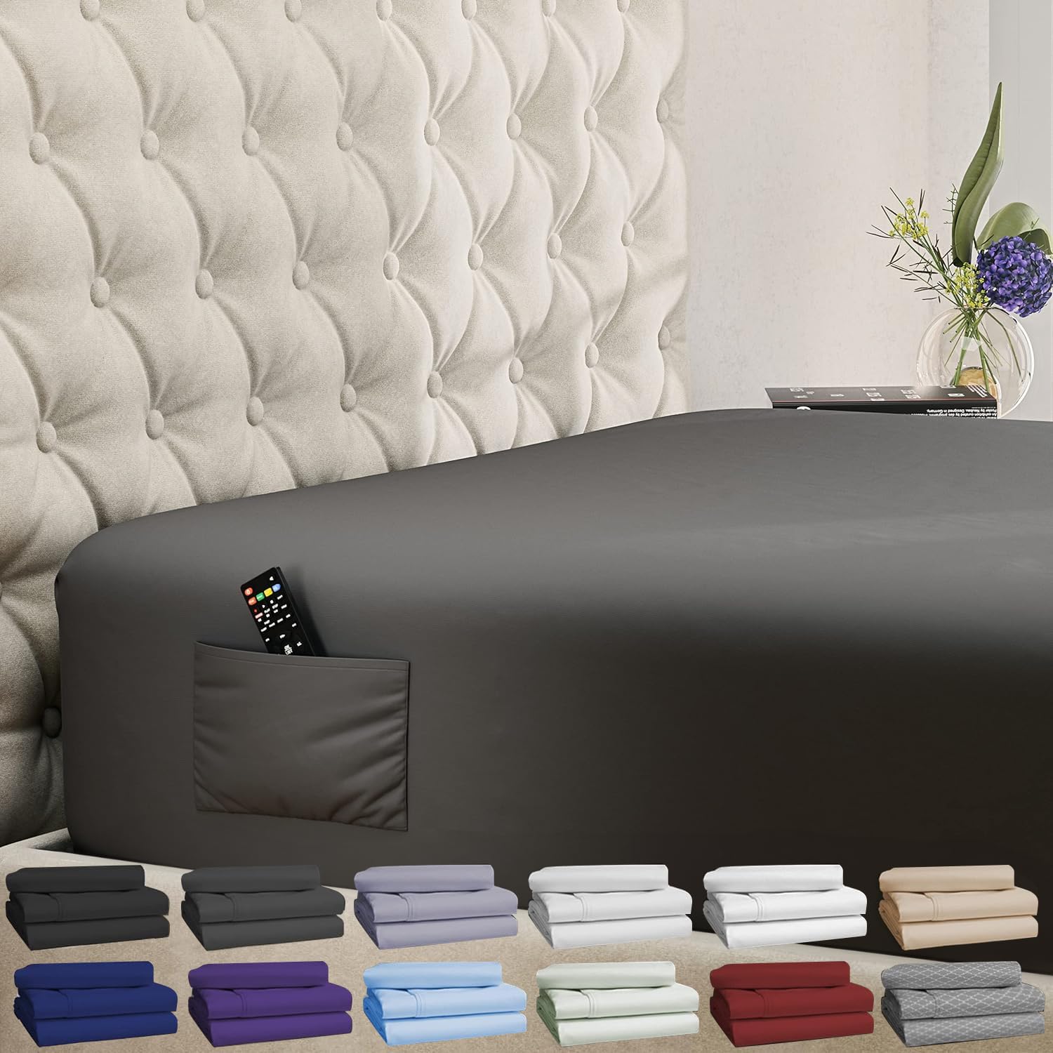 DREAMCARE King Fitted Sheet - Extra Deep Pocket, Phone/Remote Side Pocket (Grey)