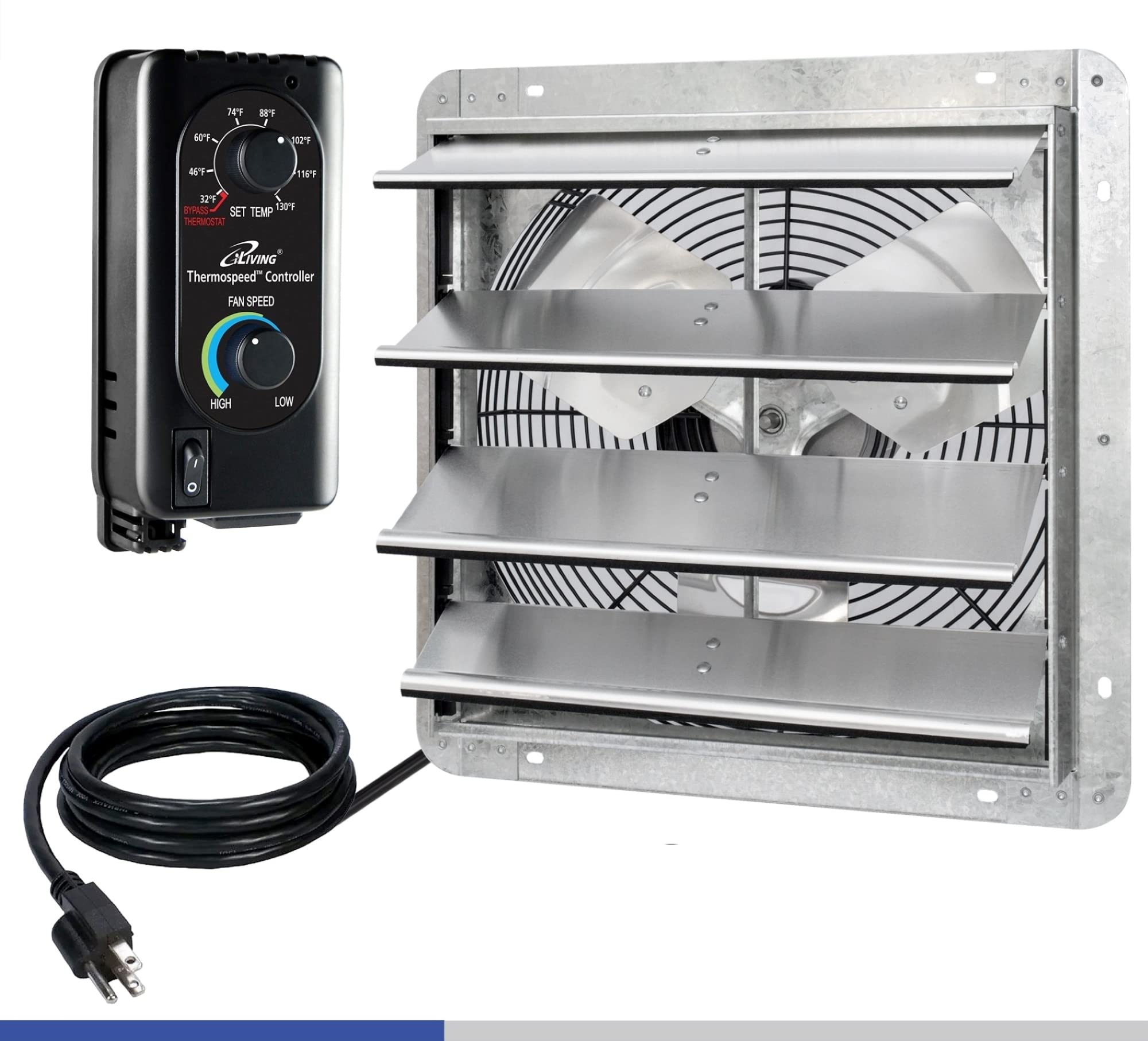 iLIVING 16" Wall Mounted Shutter Exhaust Fan, 1200 CFM, Thermostat & Variable Speed