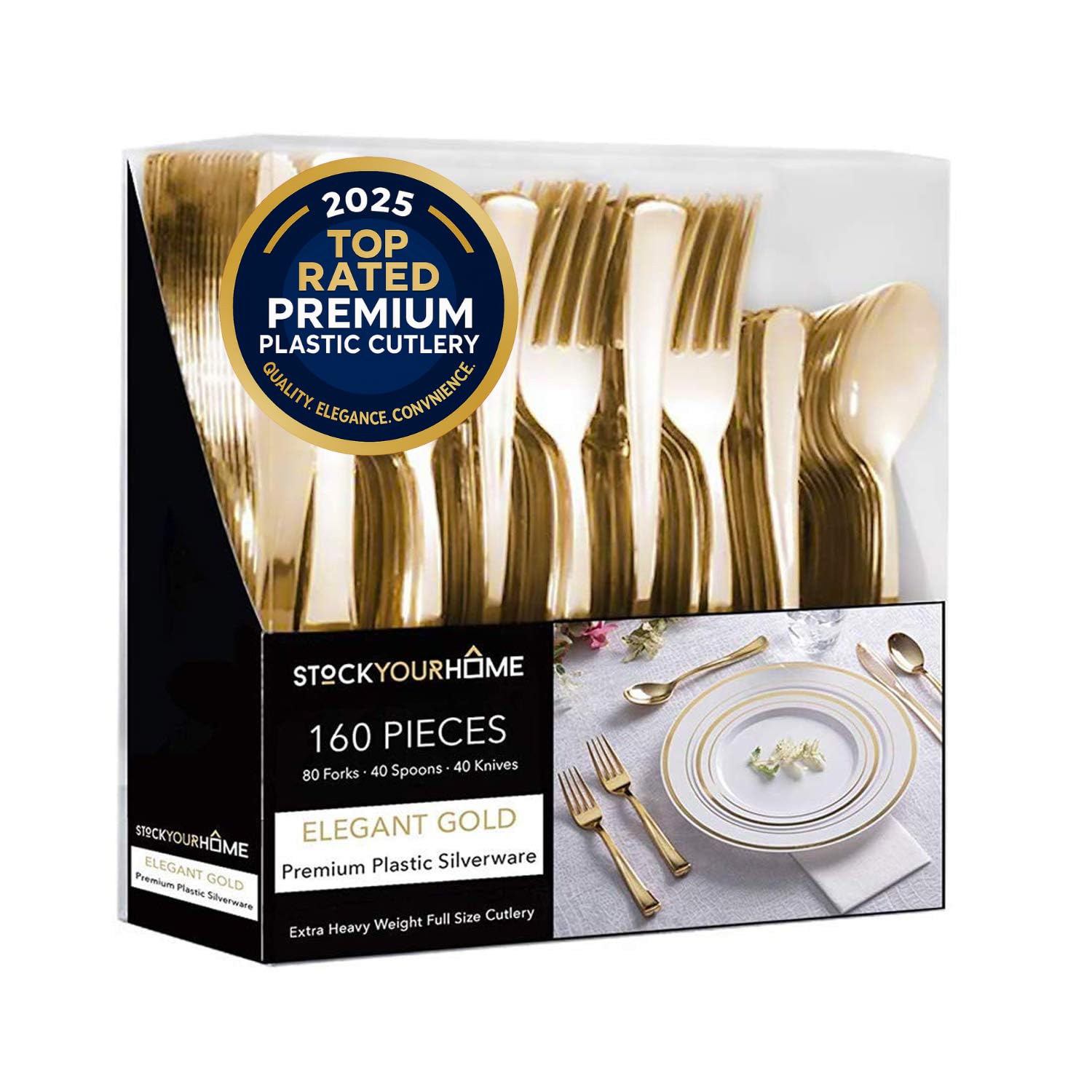 Gold Plastic Silverware Set (160 Pack) Disposable Cutlery, Heavy Duty Flatware