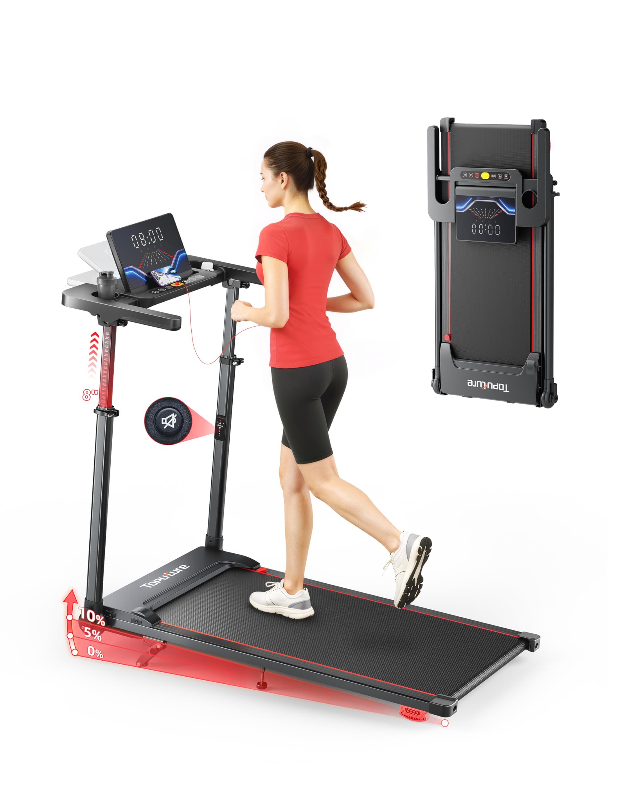 Walking Pad Treadmill with Incline 10%, Foldable Treadmill with Adjustable Handle Bar for Home