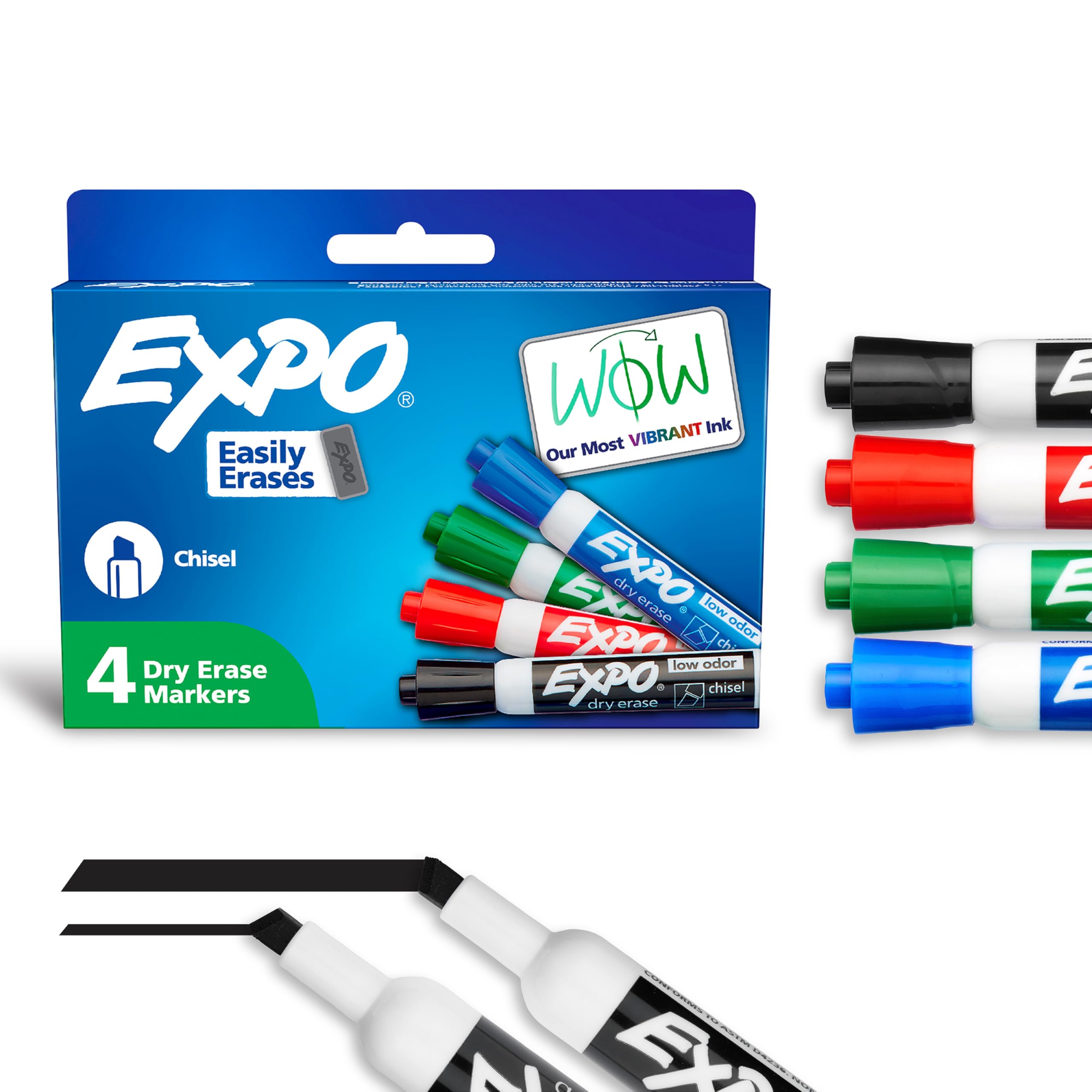 EXPO Dry Erase Markers, Low Odor Ink, Assorted Colors, Chisel Tip, 4 Count