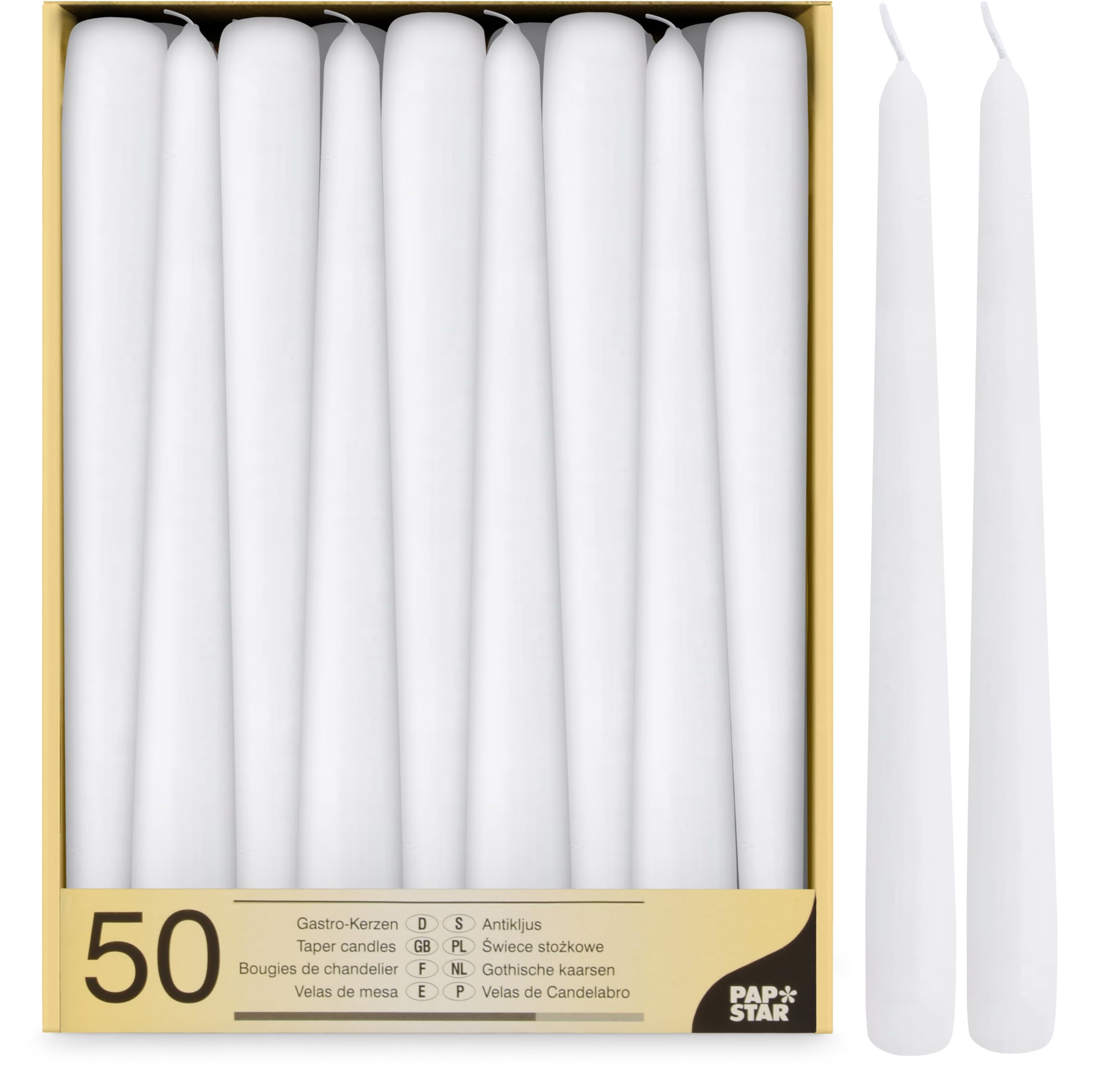 PAPSTAR 10-inch White Taper Candles (50-pack)