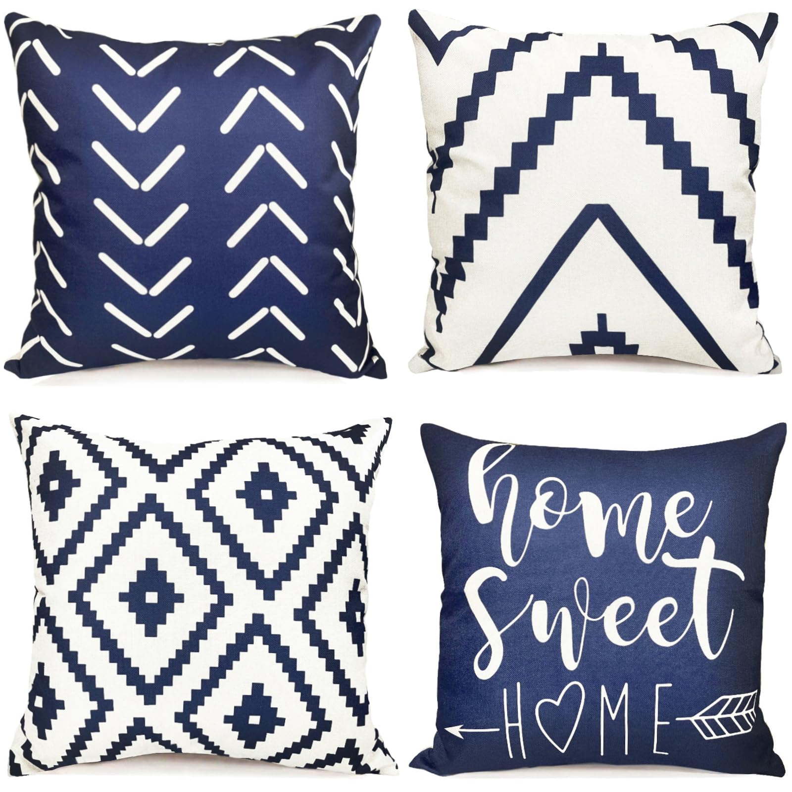 Blue Geometric Linen Pillow Covers (Set of 4)