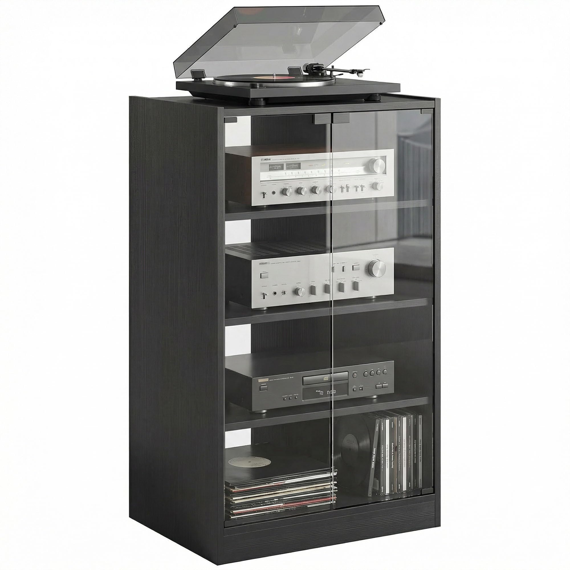 HOMCOM 4-Tier Media Cabinet with Glass Doors