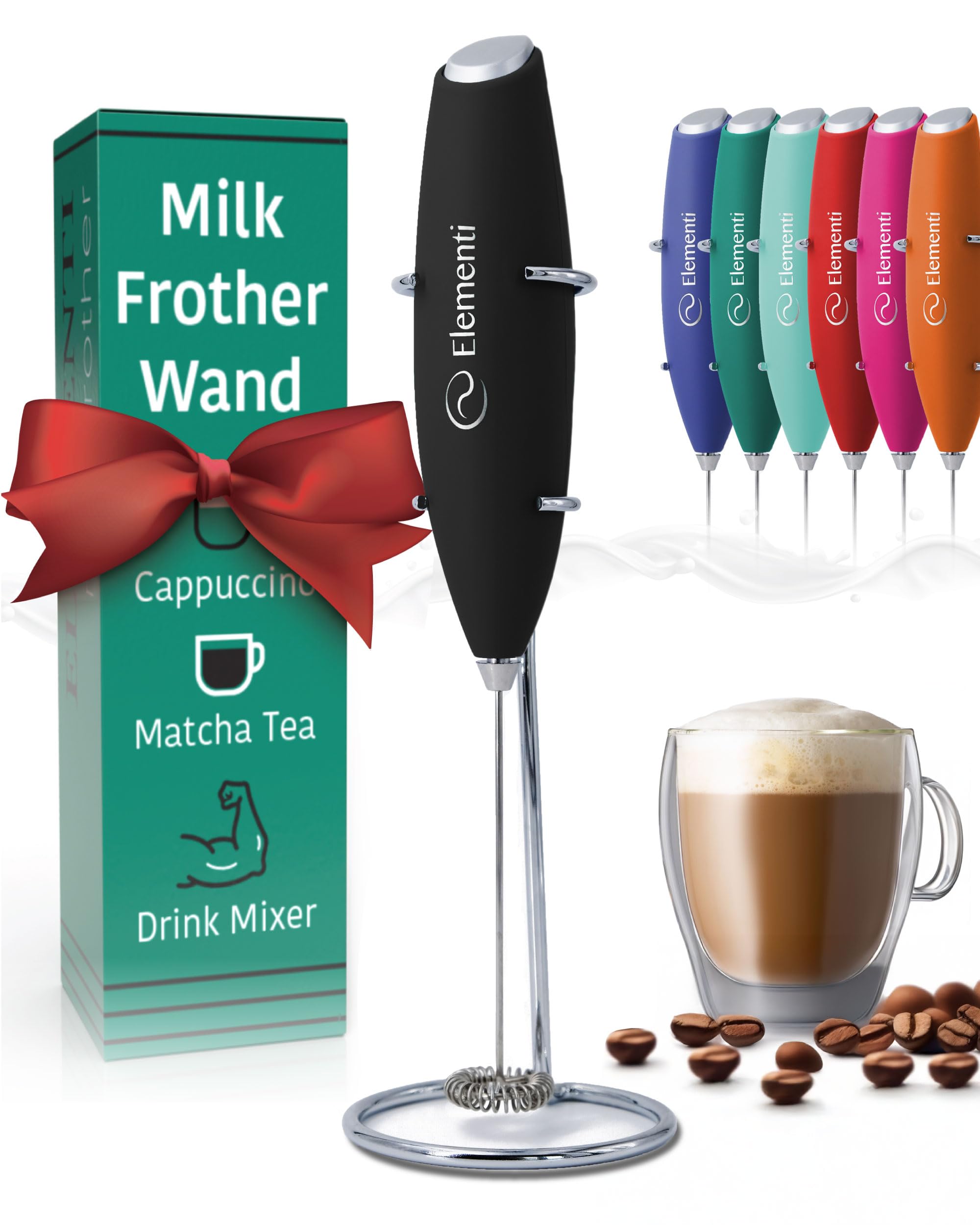 Milk Frother Wand & Electric Stirrer with Stand - Turbo Coffee & Milk Frother Handheld - Hand Held Coffee Mixer Wand & Cold Foam Maker for Frothy Cappuccinos, Lattes & Drink Mixes at Home (Black) Handheld Milk Frother Black