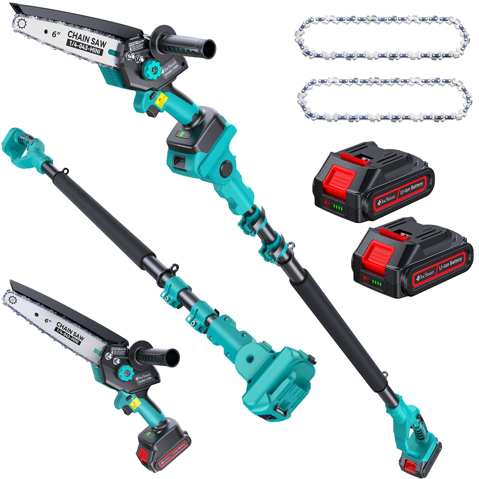 Electric Tree Saw for Pruning High Branches, 2-in-1 6" Brushless Mini Chainsaw Cordless with Extension Pole 2 Batteries, Battery Powered Hand held Chain Saw & Pole Pruner for Trimming Tree Limbs Blue Csp06-b2