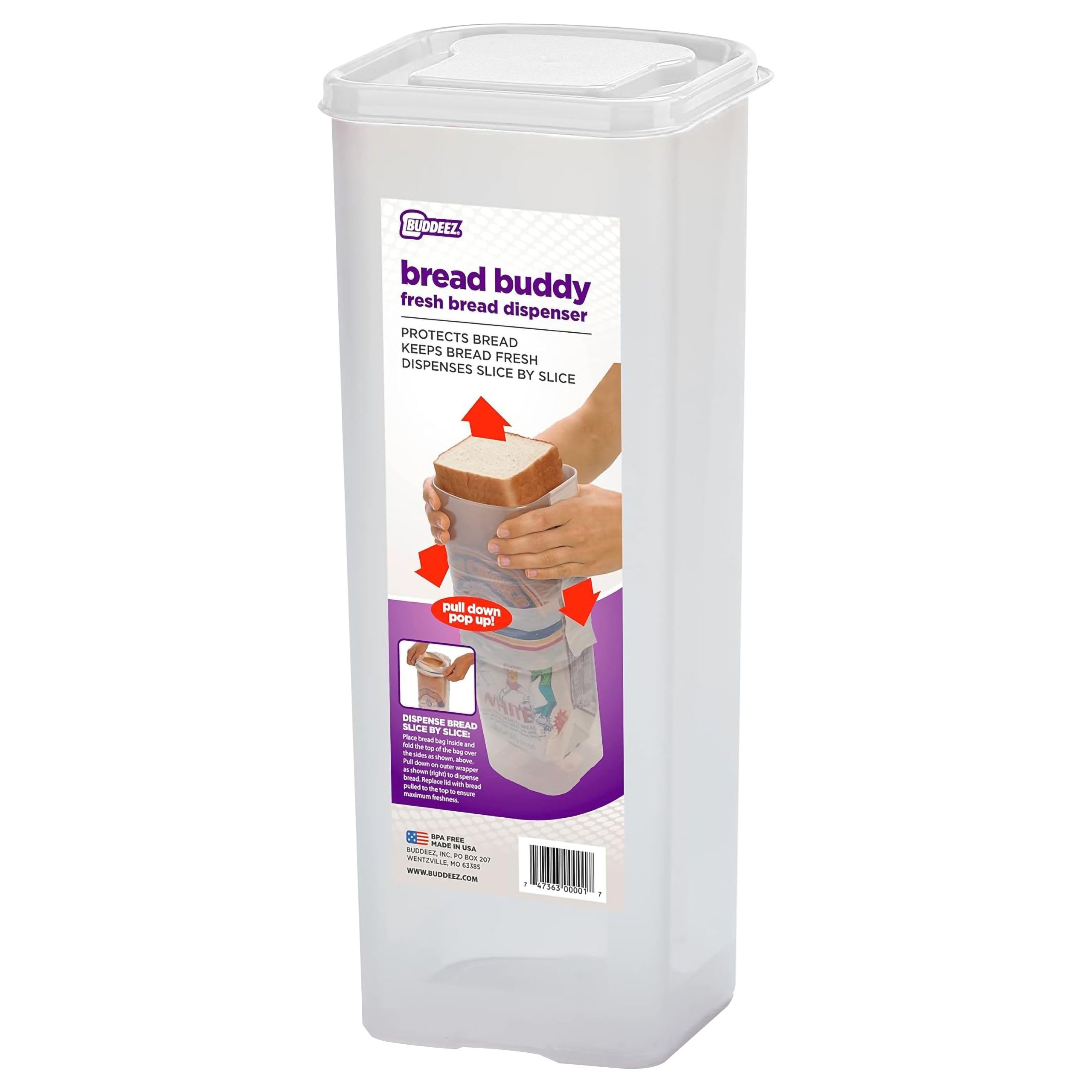 Buddeez Bread Buddy Bread Box — Clear, Upright Sandwich Bread Dispenser