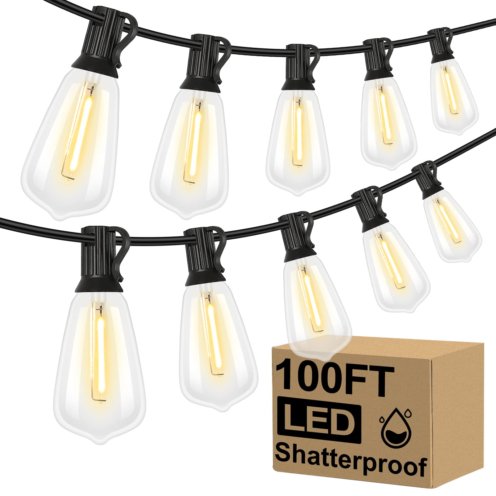 Brightever LED Outdoor String Lights — 100ft, 52 Shatterproof ST38 Bulbs, 2700K