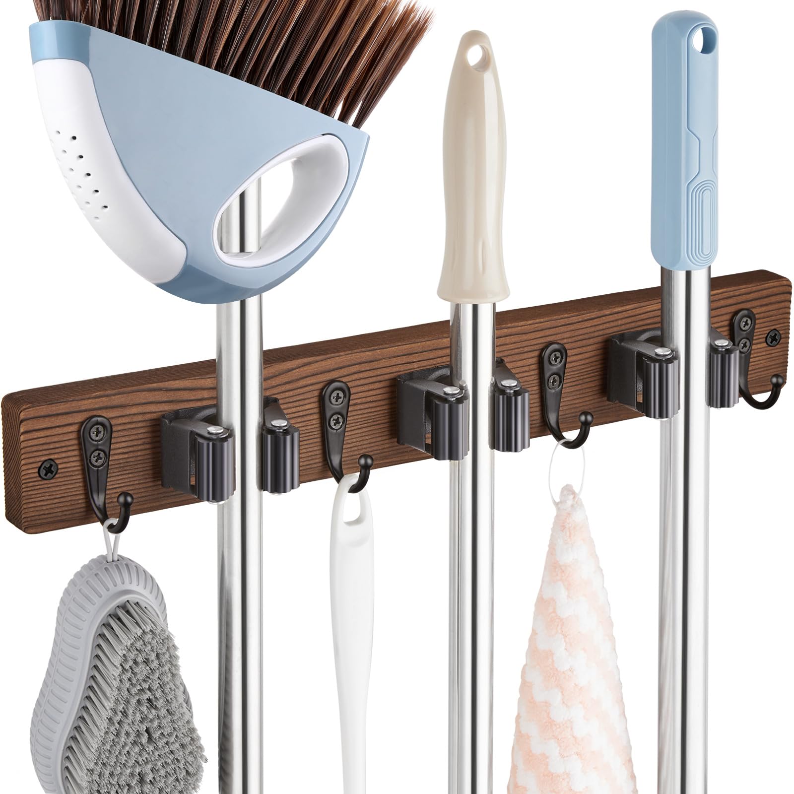 Wood Mop & Broom Holder with Metal Clips