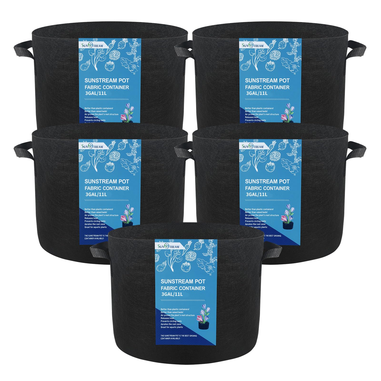 SunStream 3 Gallon Nonwoven Fabric Grow Bags (5-Pack)