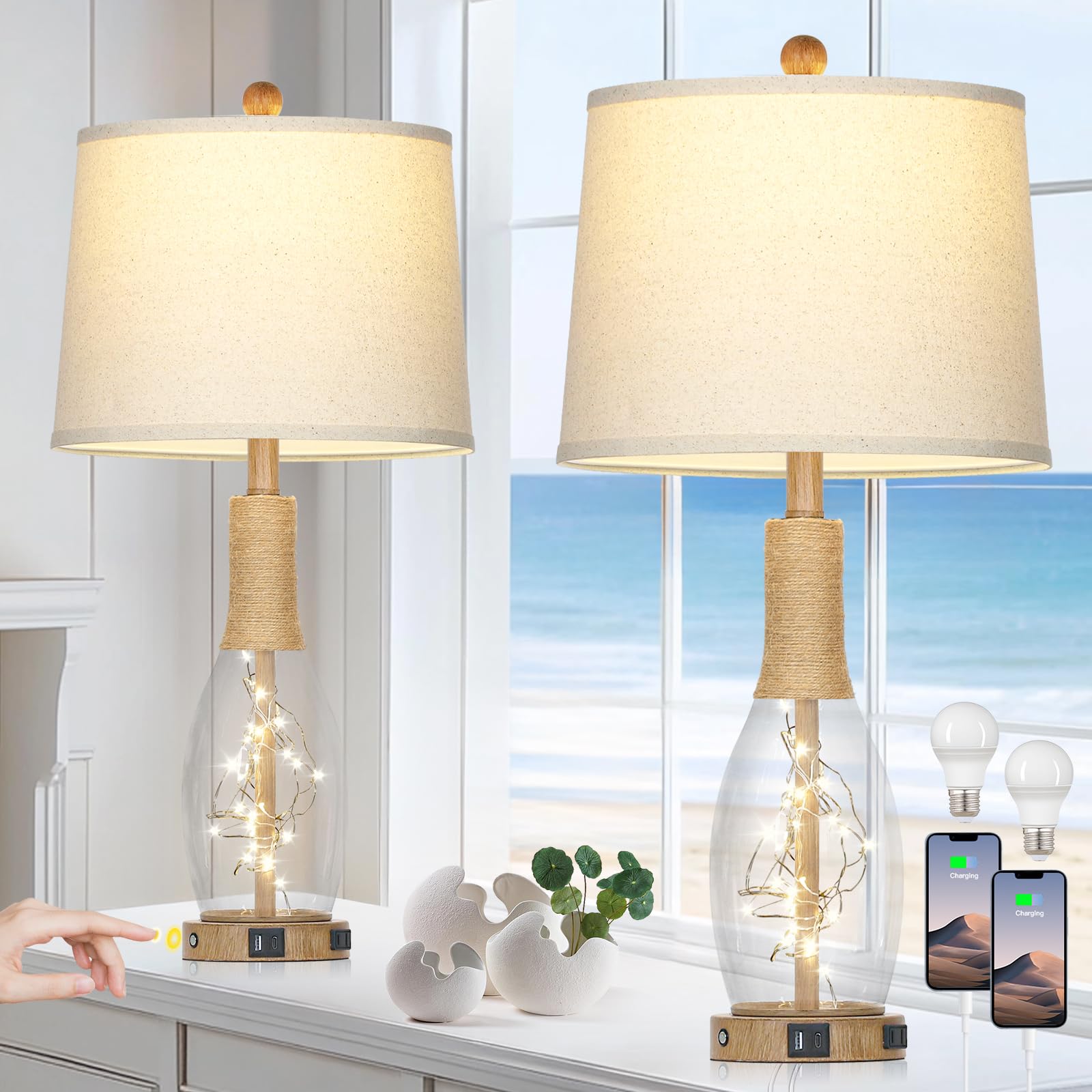 Coastal Rattan Glass Table Lamps (Set of 2)