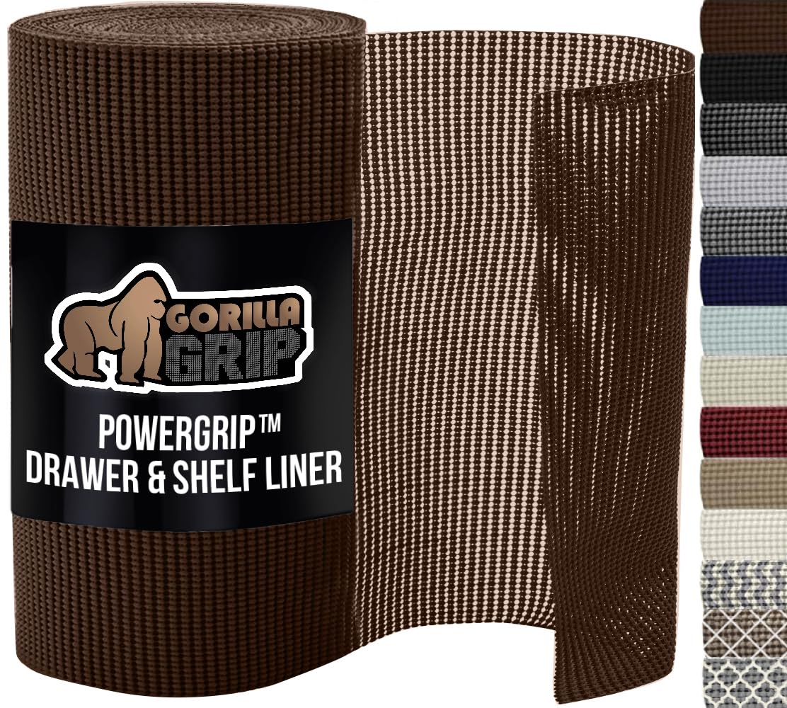 GORILLA GRIP powerGRIP Drawer Shelf and Cabinet Liner, Thick Strong Hold, Non-Adhesive Liners Protect Kitchen Cabinets and Cupboard, Bathroom Drawers, Easy Install, Breathable Mat, 12" x30', Chocolate