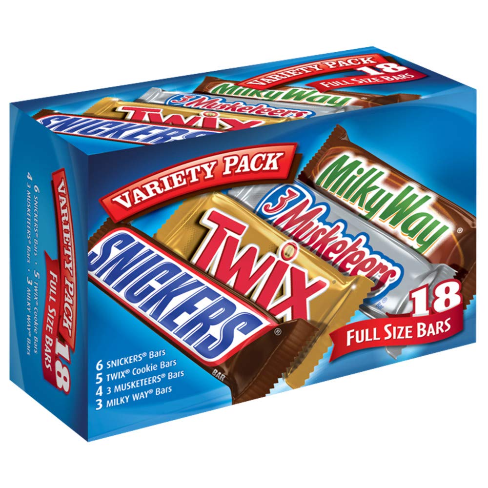 SNICKERS, TWIX, MILKY WAY & 3 MUSKETEERS Full-Size Variety Pack, 18 Bars