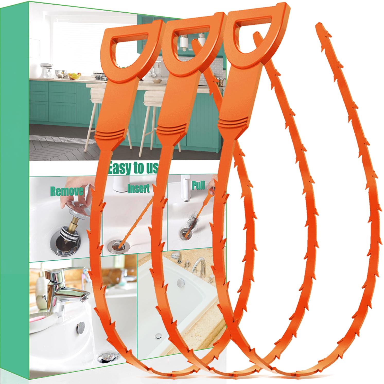 Drain Snake Hair Drain Clog Remover - 3 Pack Shower Snake Sink Unclogger Tool with Exquisite Packaging 3 Pack Orange