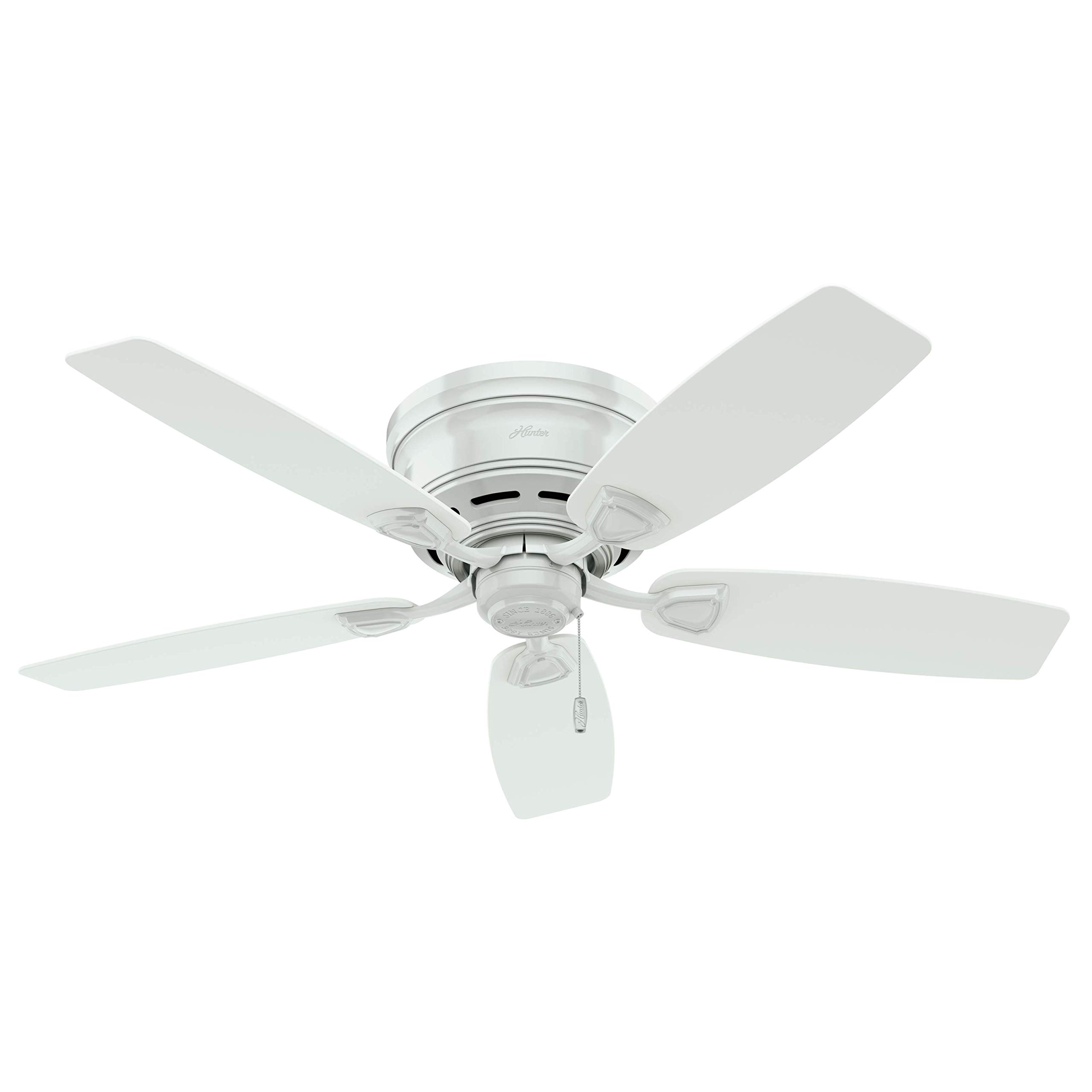 Hunter 48 inch Outdoor or Indoor Ceiling Fan No Light - Low Profile Mount, White Ceiling Fan without Light, For Patio, Porch, Garage, or Living Room, 5 Blades, Pull Chain - Sea Wind 53119, White White Finish