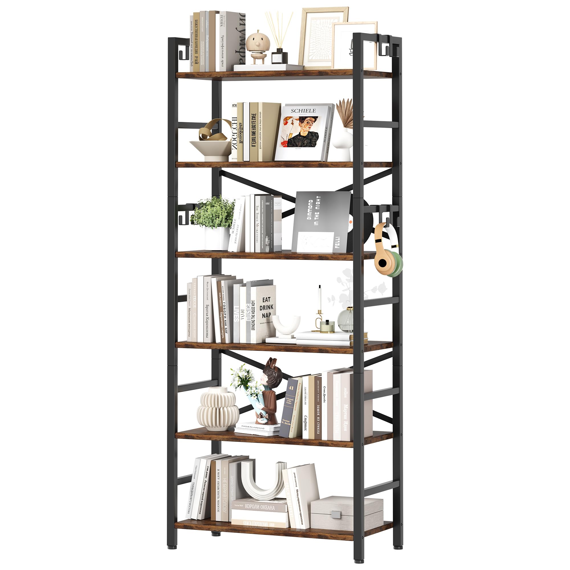Homeiju 6-Tier Bookcase with Hooks