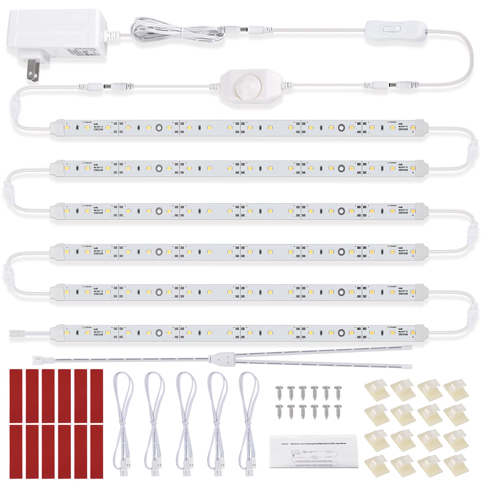 6‑Piece 12" Rigid LED Under Cabinet Light Kit with Dimmer and Extension Cables