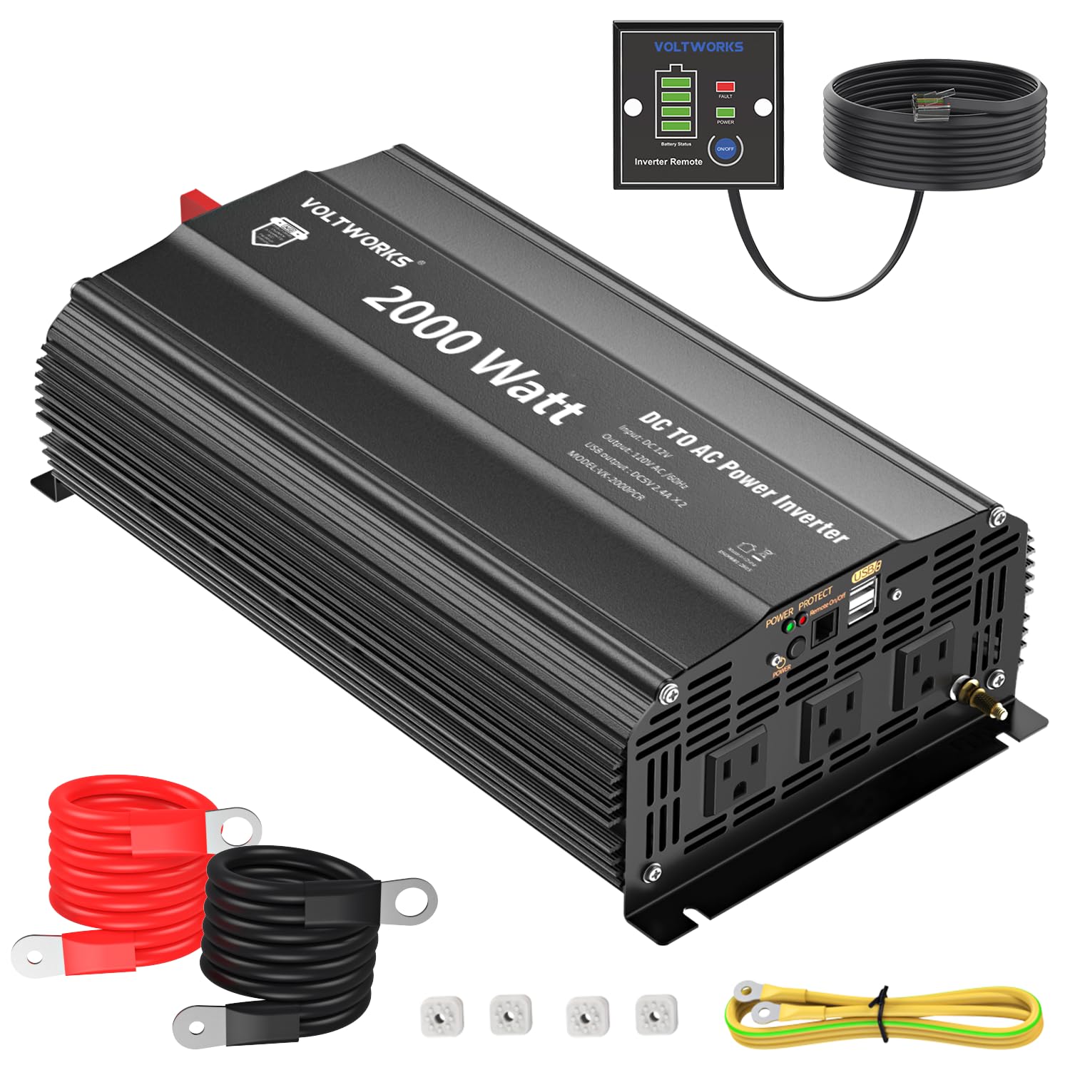 Power Inverter 2000Watt 12V DC to 110V 120V AC Built-in UL Approved Fuses with Remote Control & 2.4A USB Port 3AC Outlets Compatible with Lithium Battery for Off-Grid Solar Home RV Truck by VOLTWORKS