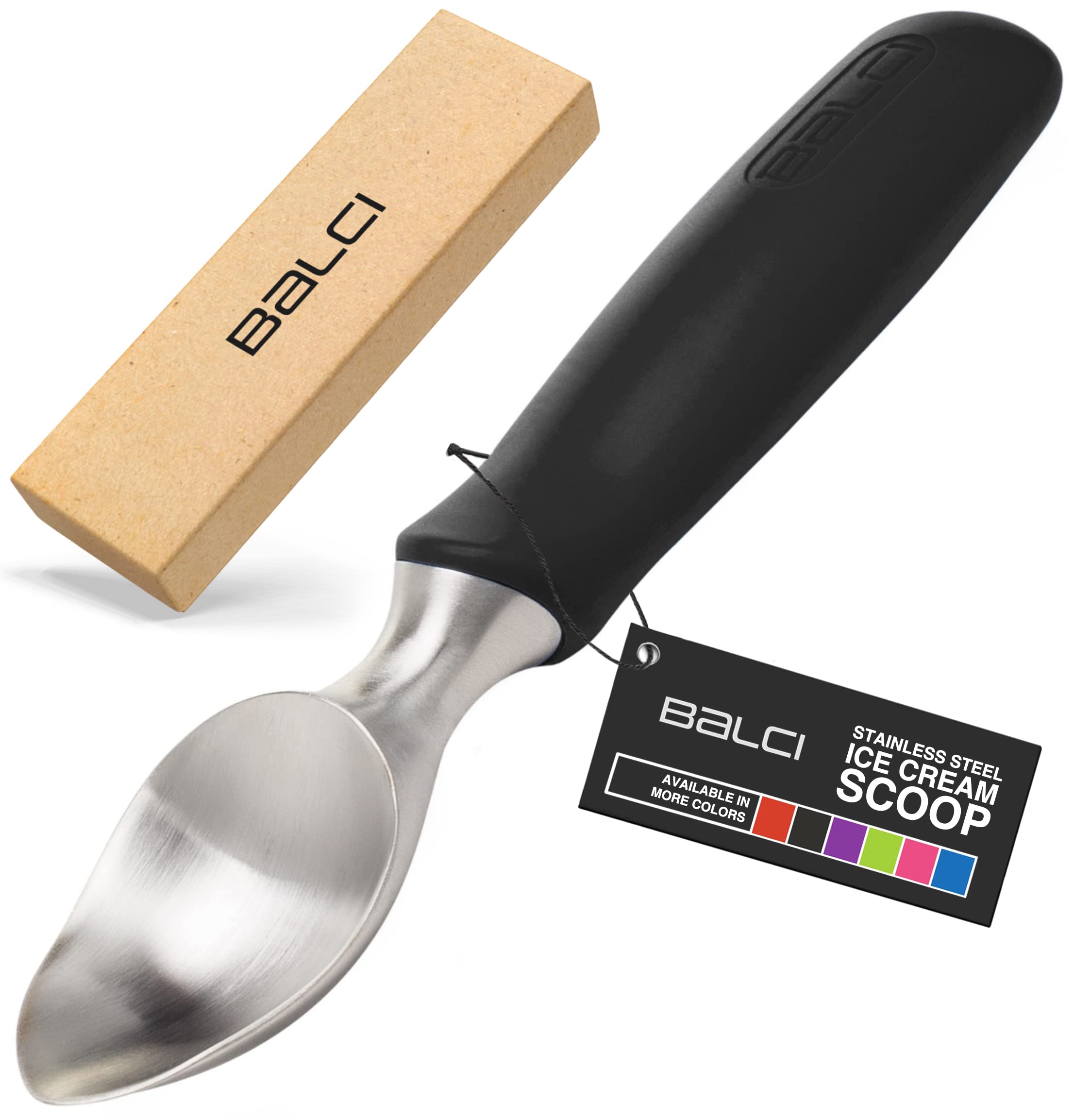 BALCI Ice Cream Scoop - Heavy Duty Stainless Steel Icecream Scooper With Non-Slip Rubber Grip - Professional Metal Ice-Cream Spade - Dishwasher Safe – Black