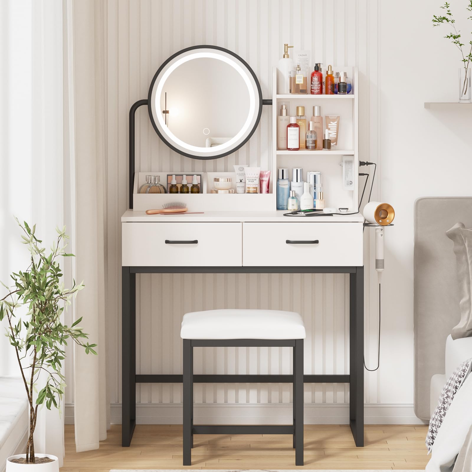Vabches Round Mirror Vanity with Charging Station