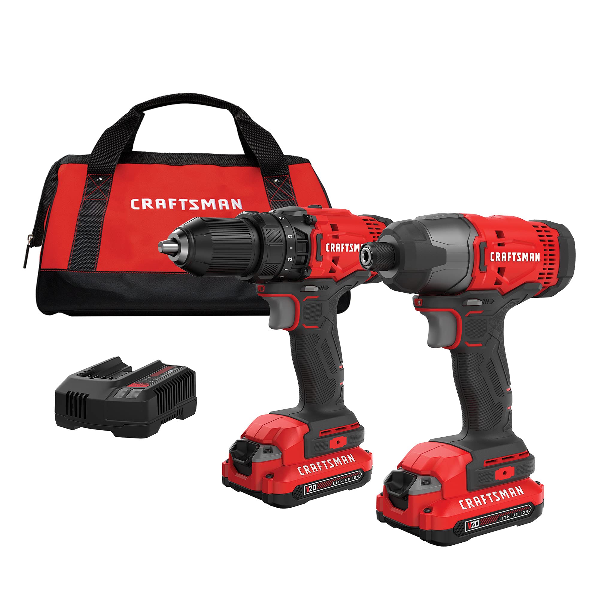 CRAFTSMAN V20 MAX Cordless Drill Driver and Impact Driver Set, Power Tool Set with 2 Batteries and Charger, LED Work Light, 2 Bits, Bag (CMCK200C2) 2-Tool Combo Kit Only