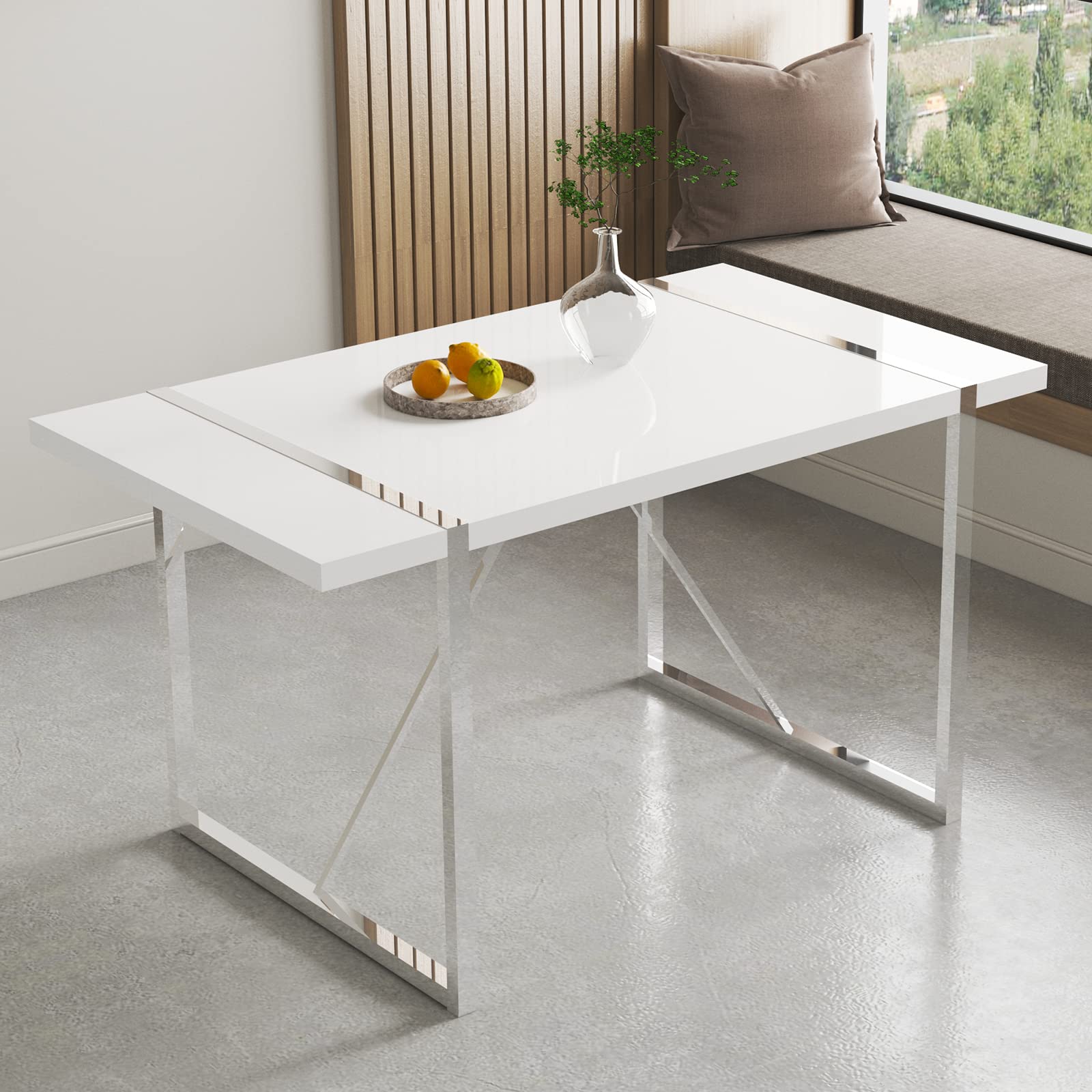 Ebullient 55" White Dining Table — High-Gloss Mid-Century Look