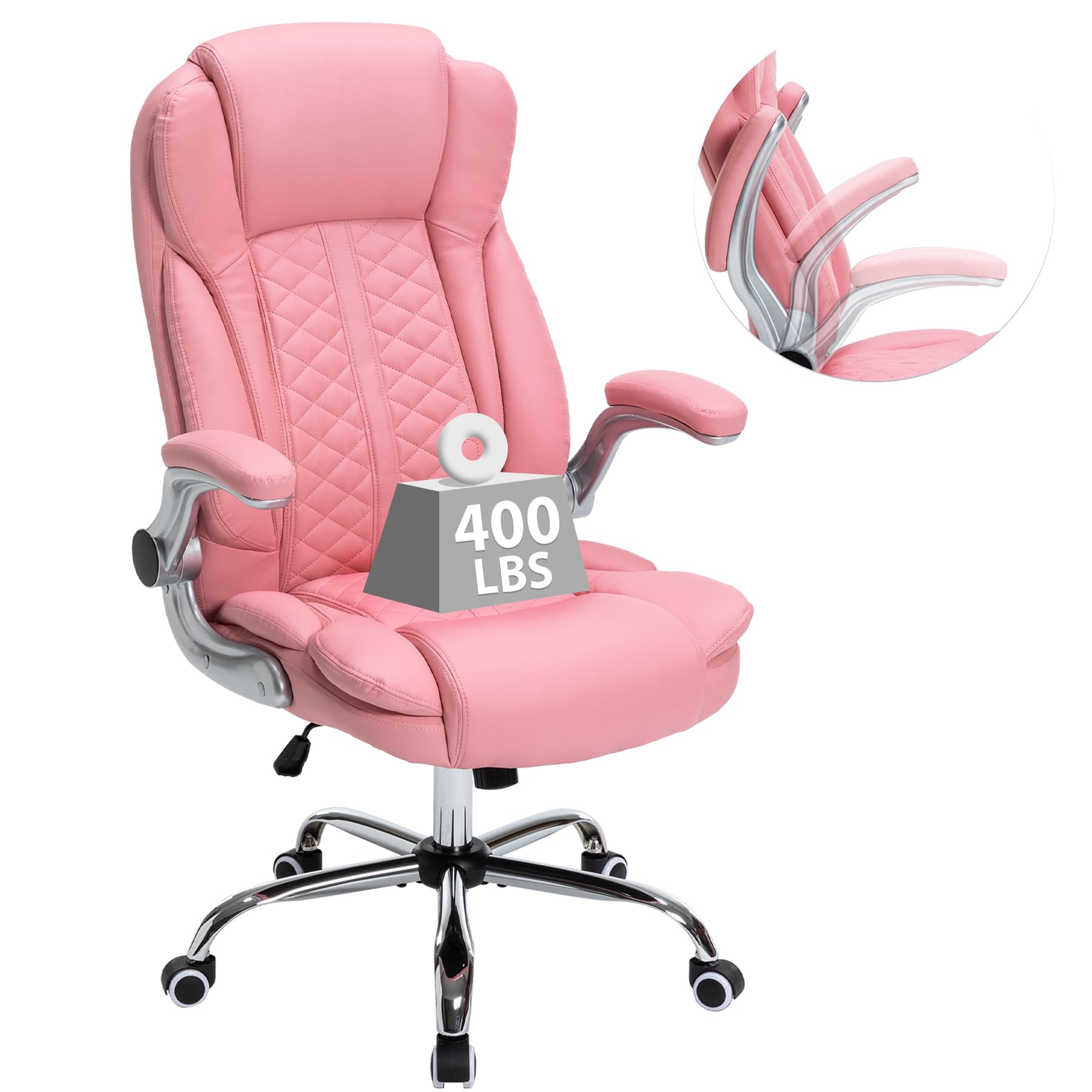 400lbs Executive Office Chair with Flip-Up Armrests, Big and Tall Computer Chair, Breathable PU Leather (Pink)