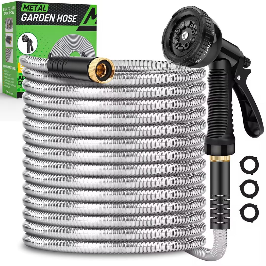Garden Hose 50ft Stainless Steel with 10 Functional Nozzles
