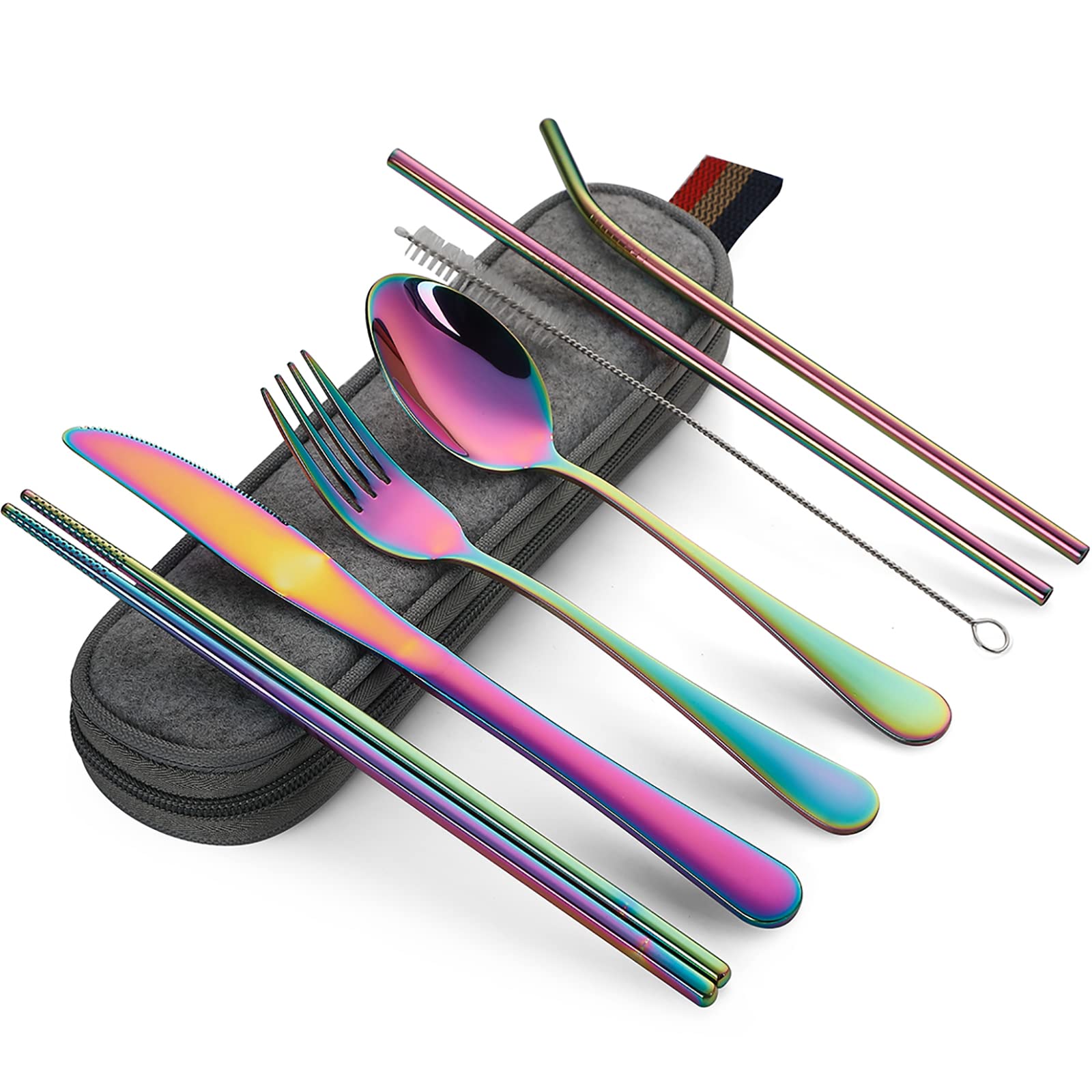 DEVICO Portable Utensils — 8-Piece Stainless Steel Travel Cutlery Kit (Rainbow)