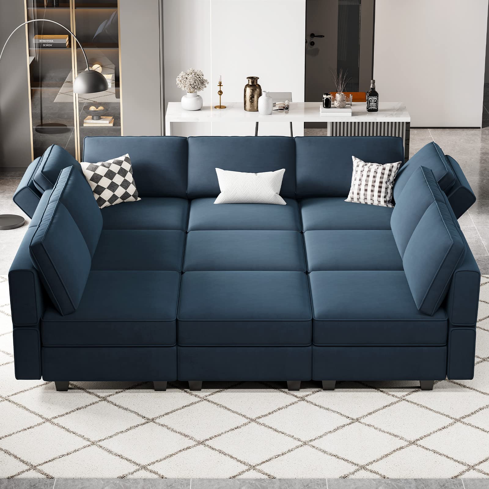 Belffin Modular Sectional Sofa with Ottomans Velvet Reversible Sleeper (Blue)