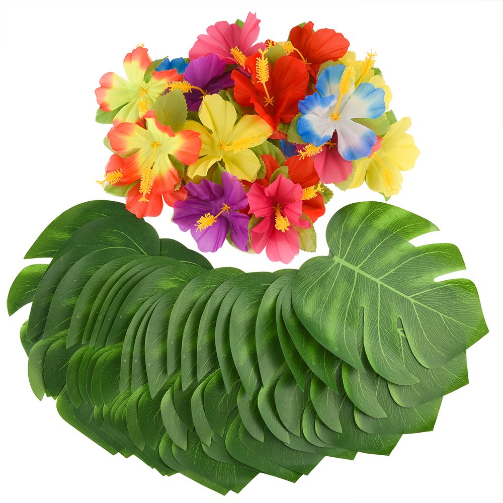 KUUQA Tropical Leaves and Silk Hibiscus Flowers Set