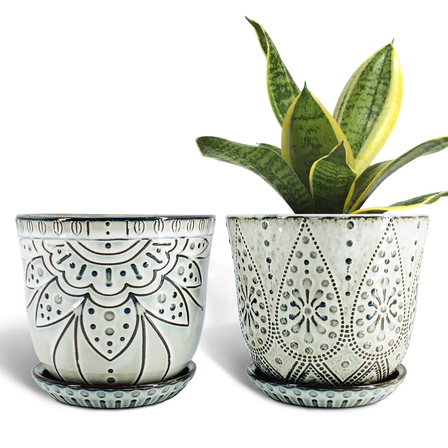 Gepege 6 Inch Beaded Ceramic Planter Set of 2 with Drainage Hole and Saucer (Smoked Gray)