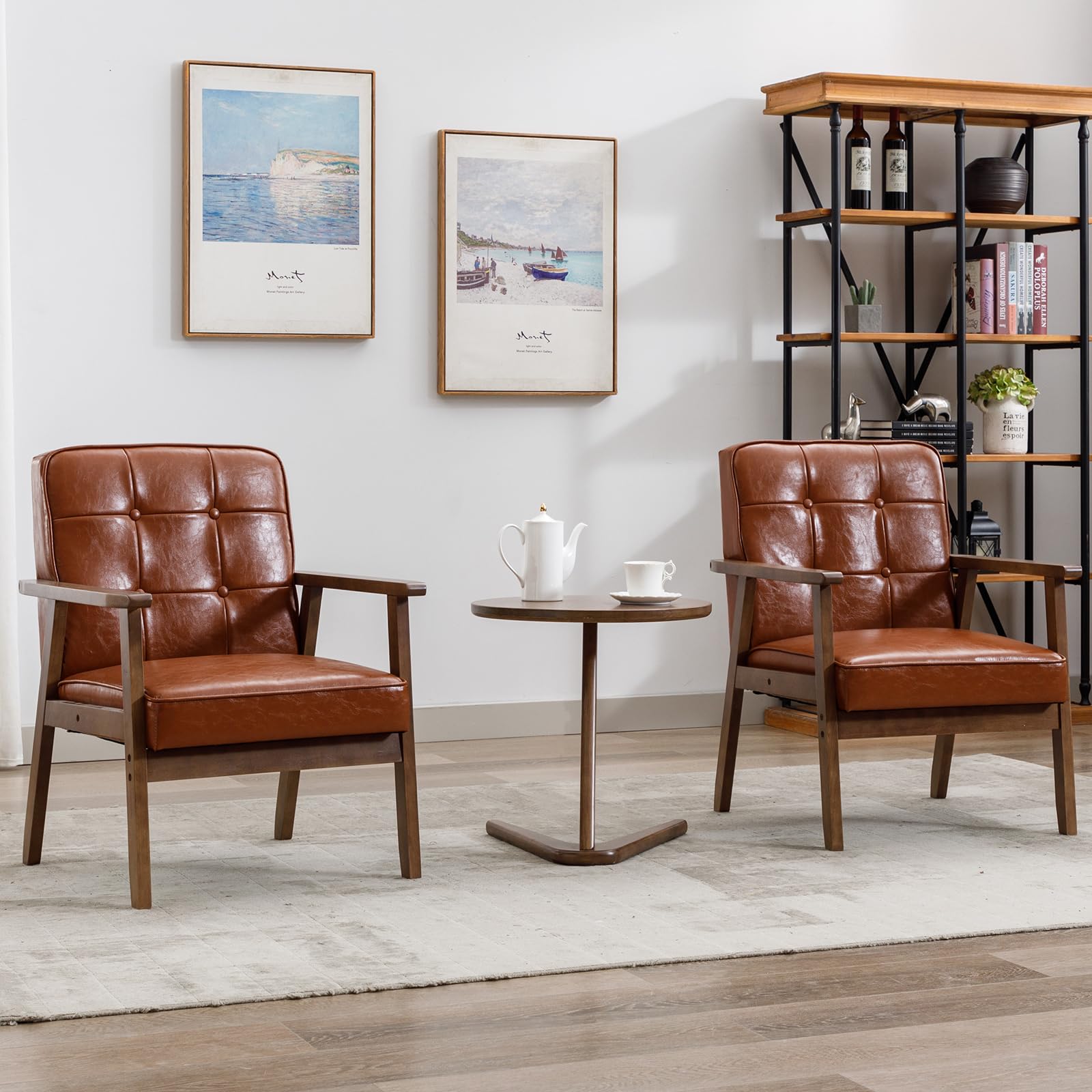 Okeysen Mid‑Century Leather Accent Chairs (Set of 2)