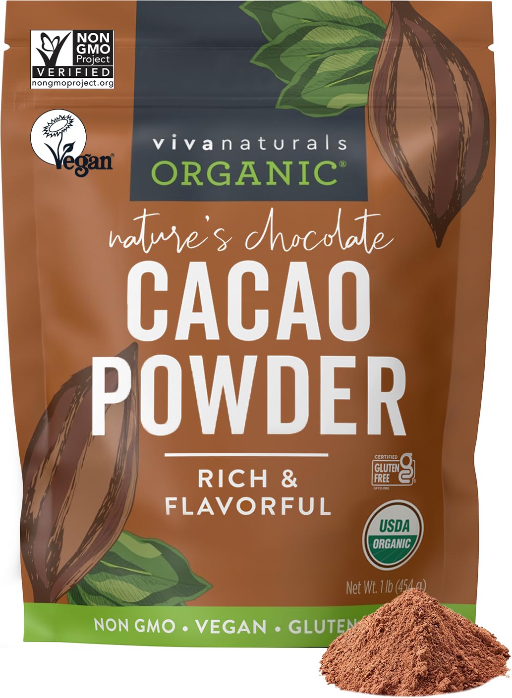 Organic Cacao Powder, Unsweetened, 1 lb — Rich Dark Chocolate Flavor