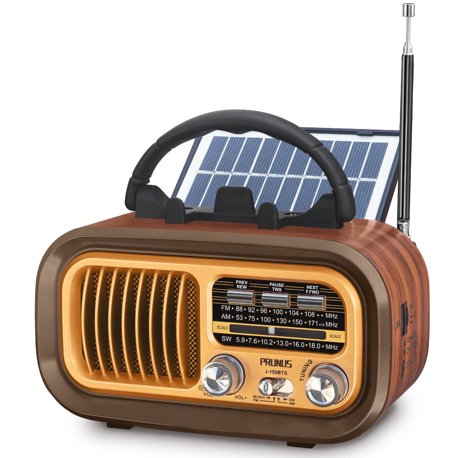 PRUNUS J-150 Portable Radio AM FM SW Bluetooth Speaker, Gifts for Dad and Mom, Retro Radios Vintage Transistor with Best Sound, Solar/D Battery Operated/USB Charging, TWS, Support TF Card/USB Playing