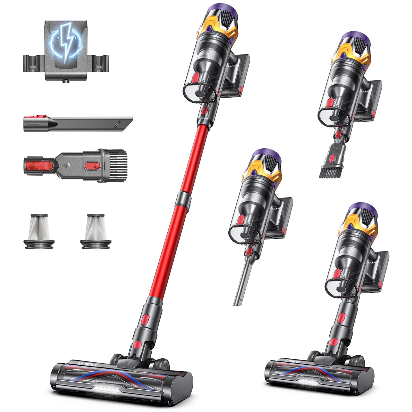 Cordless Vacuum Cleaner, Upgraded 55KPA 650W 70Mins Stick Vacuum with Hurricane Mode (Red)