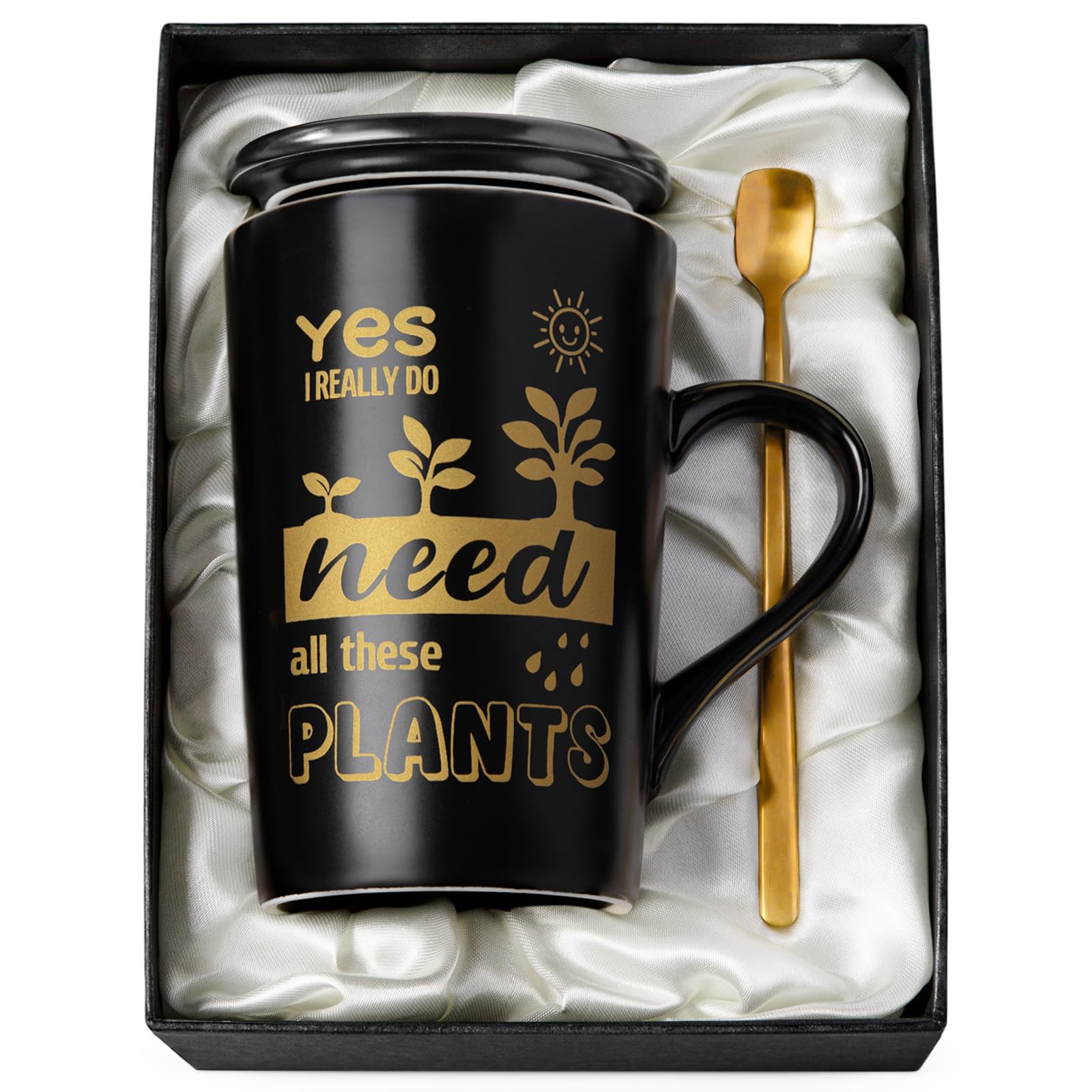 Crazy Gardening Gifts for Women Men - Plant Lover Gift Coffee Mug, 14oz Black Ceramic with Gold Print, Lid, Spoon, Card, Luxury Box