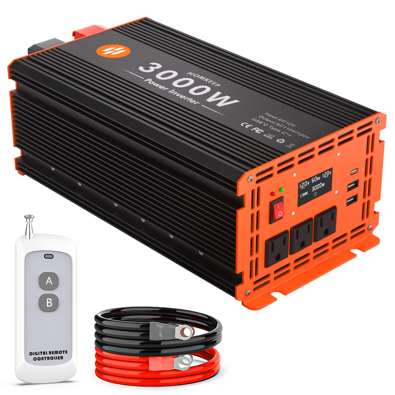3000 Watt Power Inverter 12V DC to 110V/120V AC Converter Peak Power 6000W Car Inverter with LCD Display 3 AC Outlets, 2 USB & Type-C Port for RV,Truck,Off-Grid Solar System with Remote Controller 3000W