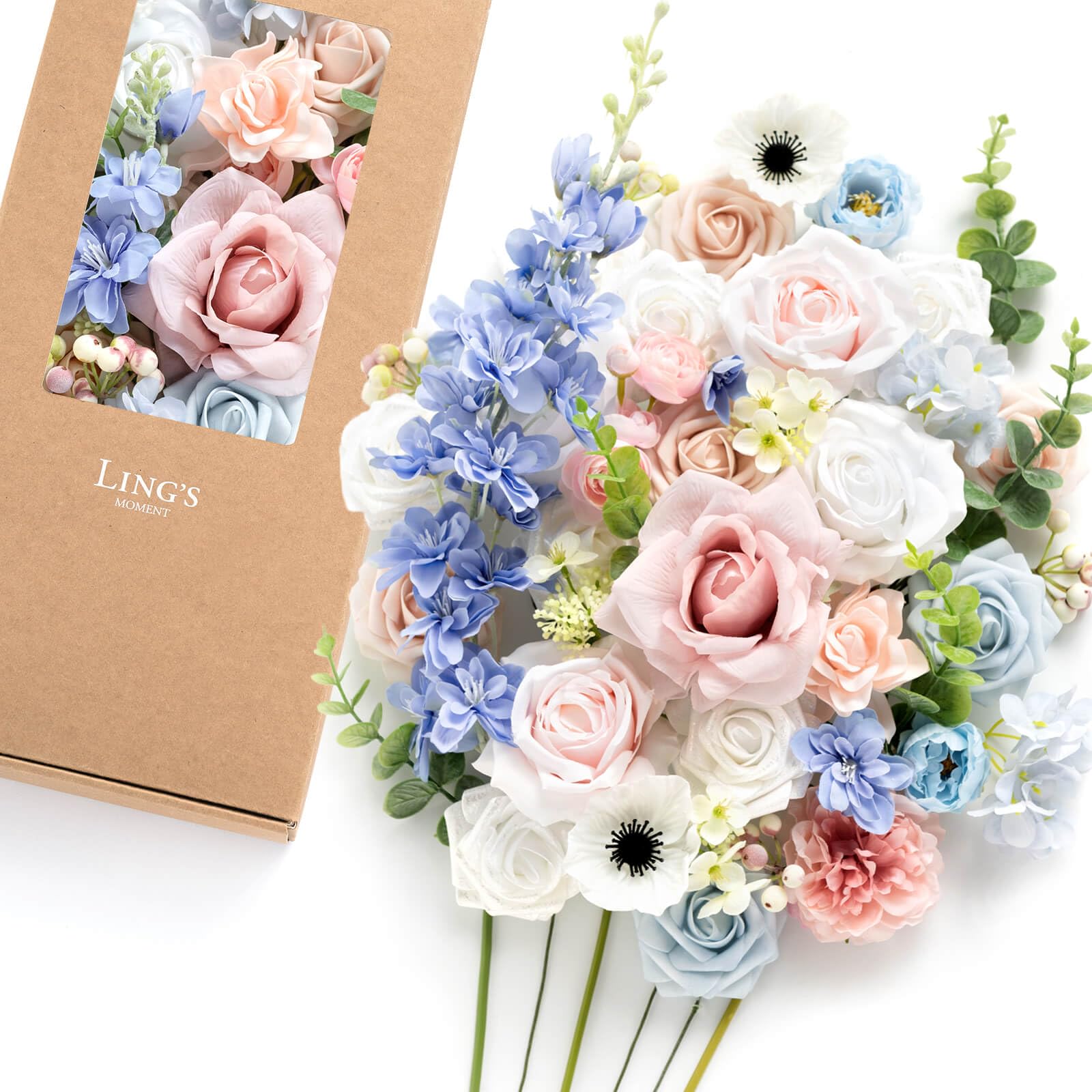 Ling's moment Fake Flowers Box — Mixed Foam, Silk, and Greenery Combo (English Pastel Deluxe)