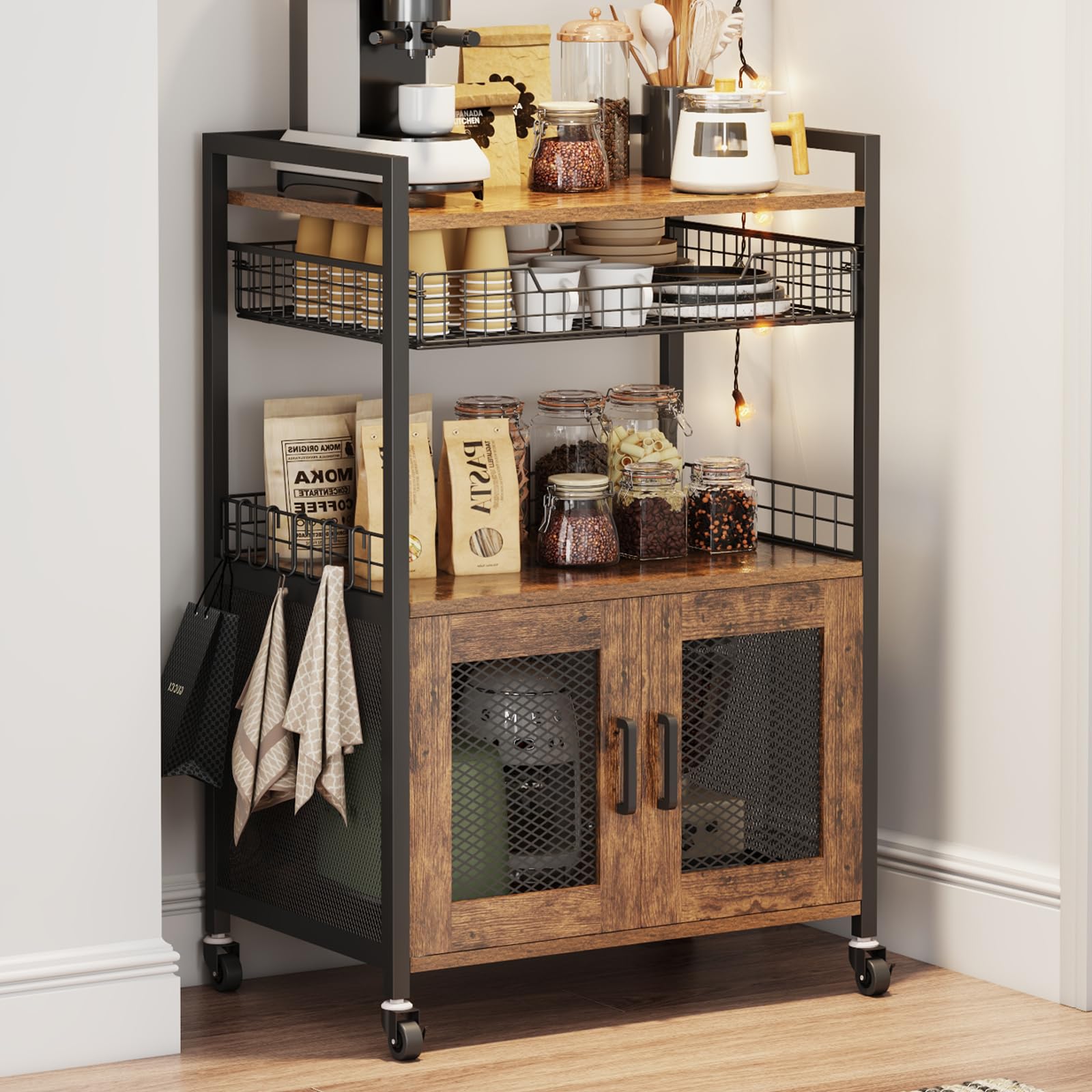 Rolling Coffee Bar Cabinet with Wire Basket Drawer
