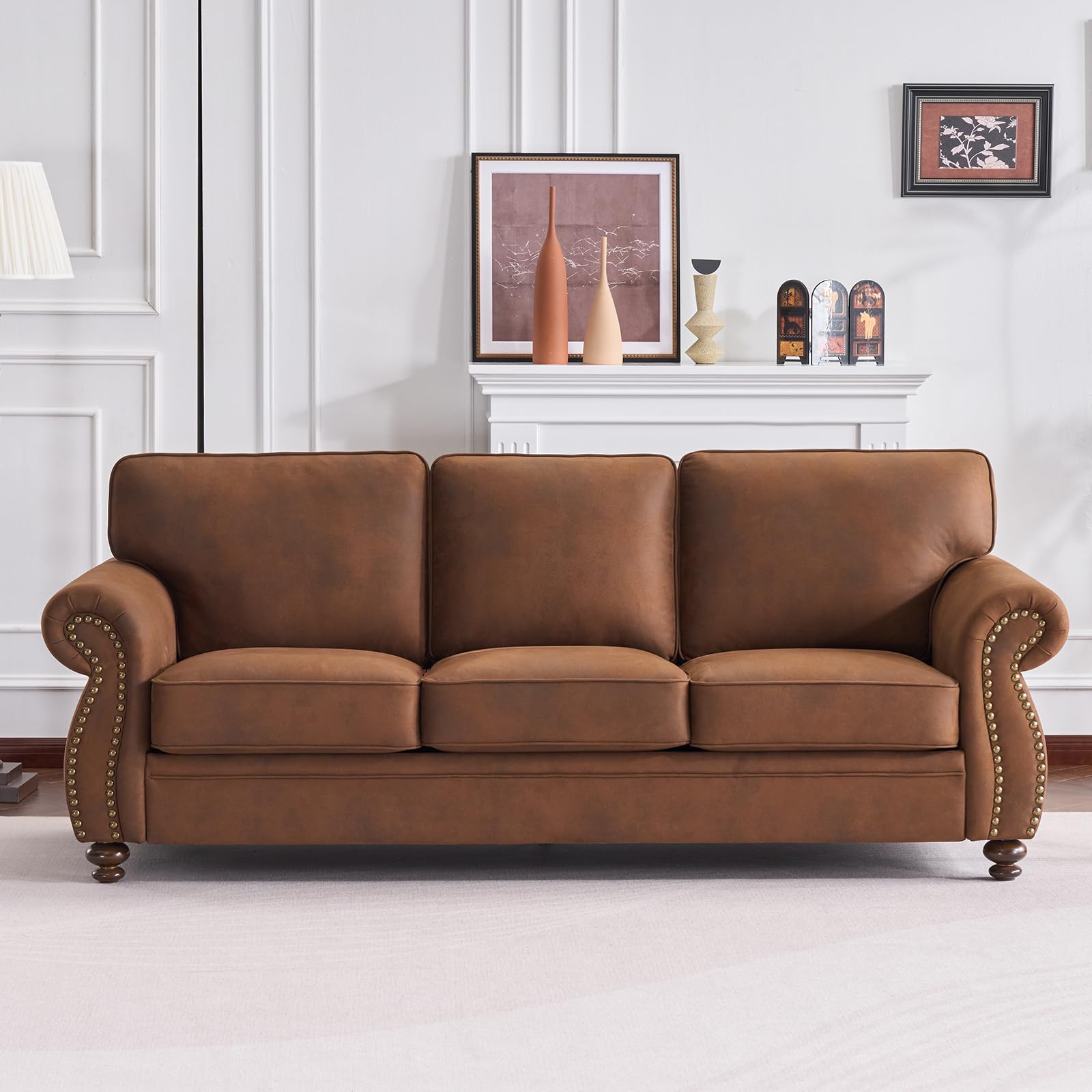 Mid-Century Vintage Sofa Couches with Rivet Design,3-Seater Sofa,Removable Sofa Cover Upholstered Cushions and Solid Wood Frame (Caramel, 3-Seater) Caramel 3-Seater