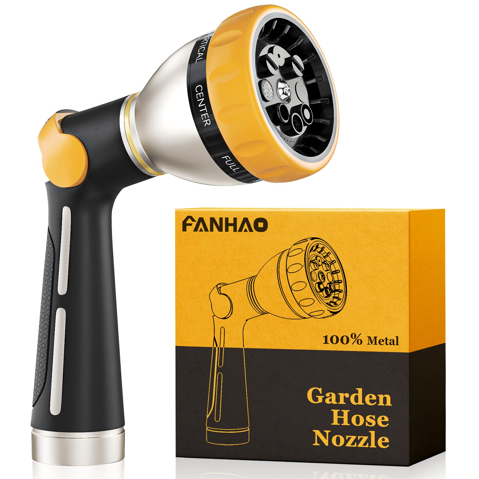 FANHAO Garden Hose Nozzle — 100% Heavy Duty Metal with Thumb Control, 8 Patterns