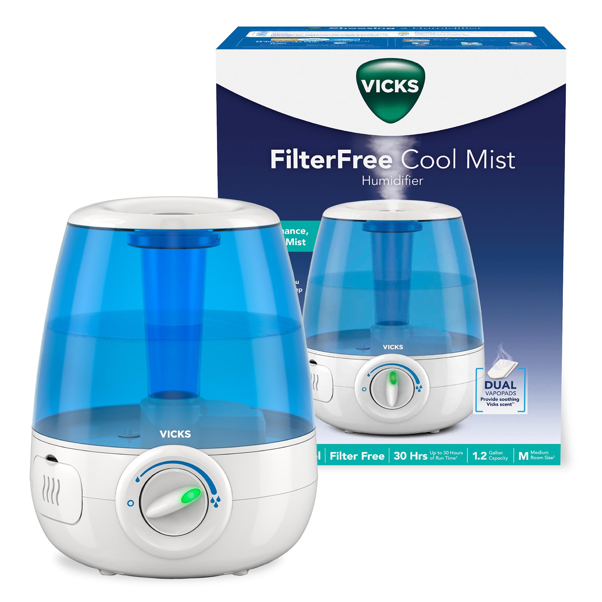 Vicks Filter-Free Ultrasonic Humidifier — Cool Mist with VapoPad Compatibility
