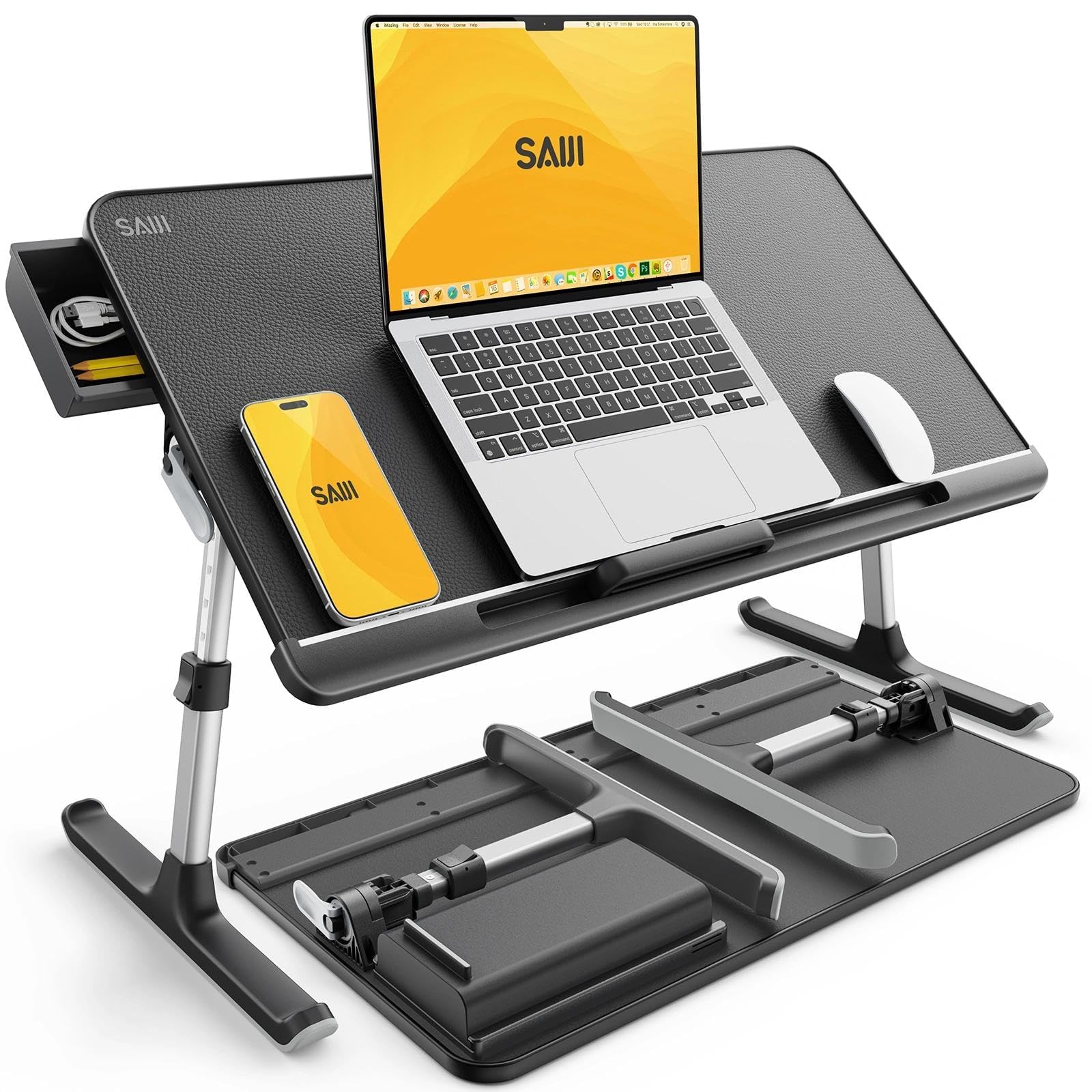 SAIJI Adjustable PVC Leather Laptop Bed Table with Drawer - Dark Black