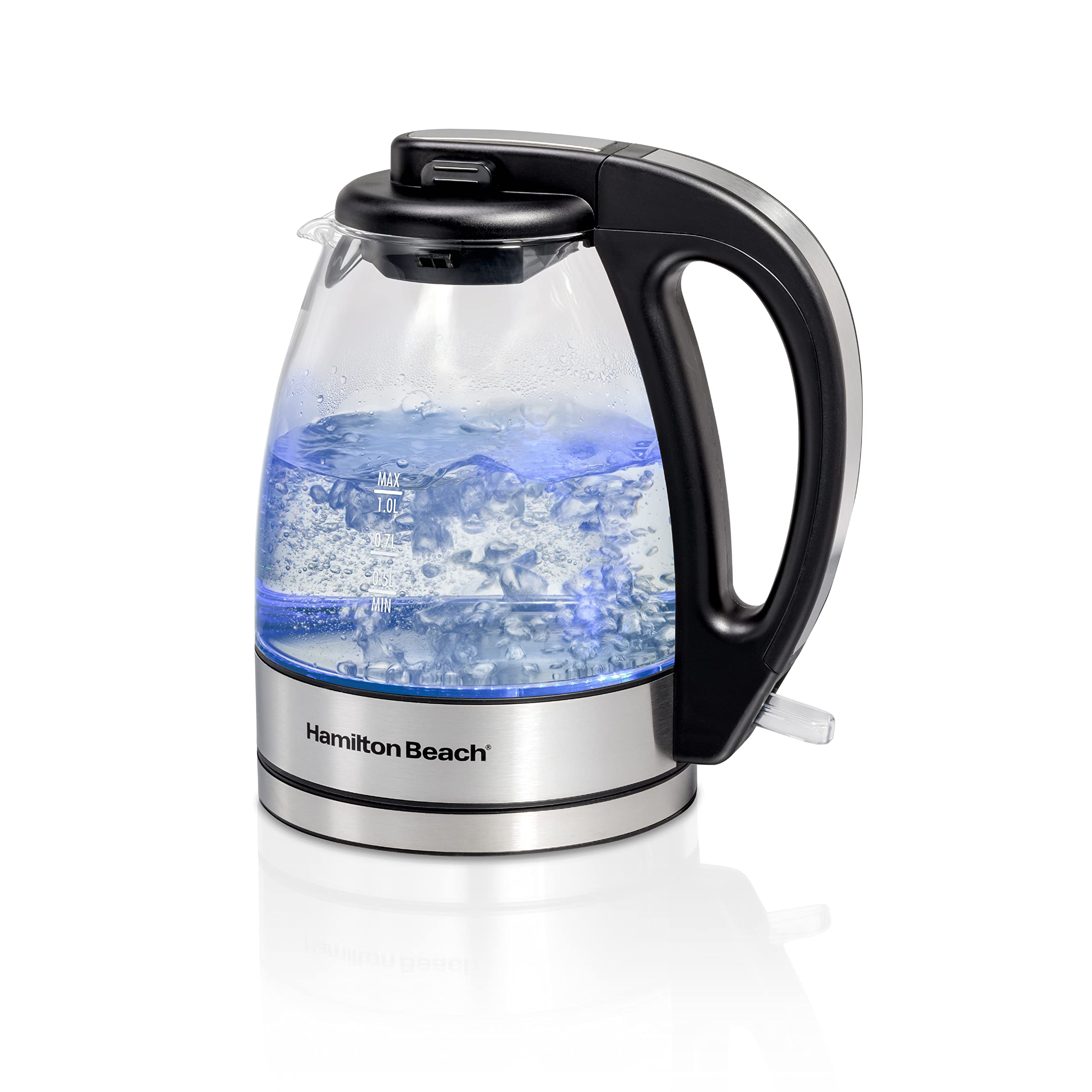 Hamilton Beach Glass Electric Tea Kettle, Water Boiler & Heater, 1 Liter, 1500 Watts for Fast Boiling, BPA Free, Cordless Serving, Auto-Shutoff & Boil-Dry Protection, Soft Blue LED (40930) 1.1 Quarts Kettle