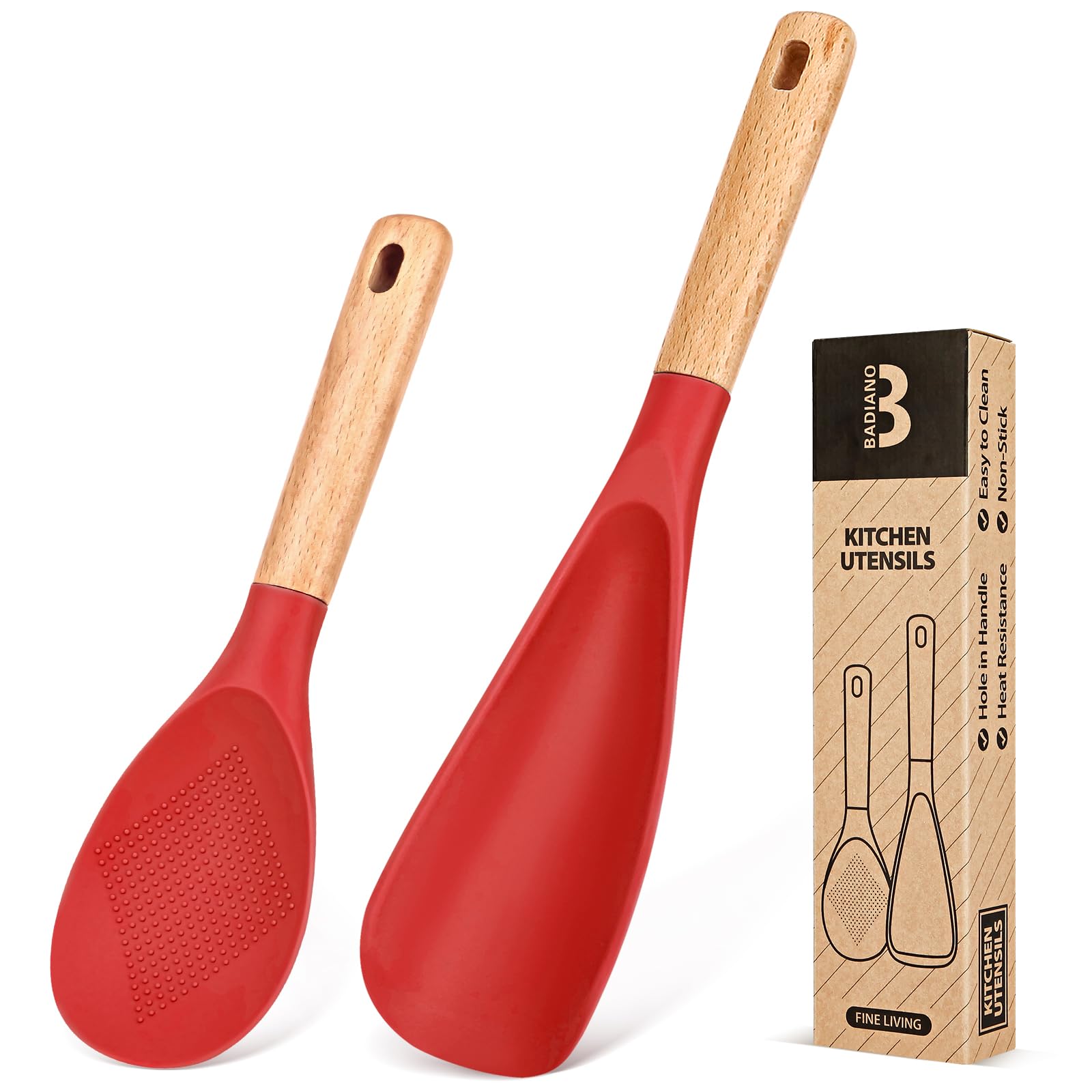 Cooking Spoon and Rice Scooper for Nonstick Cookwares, BPA-Free Matte Silicone, Wood Handle (RED)