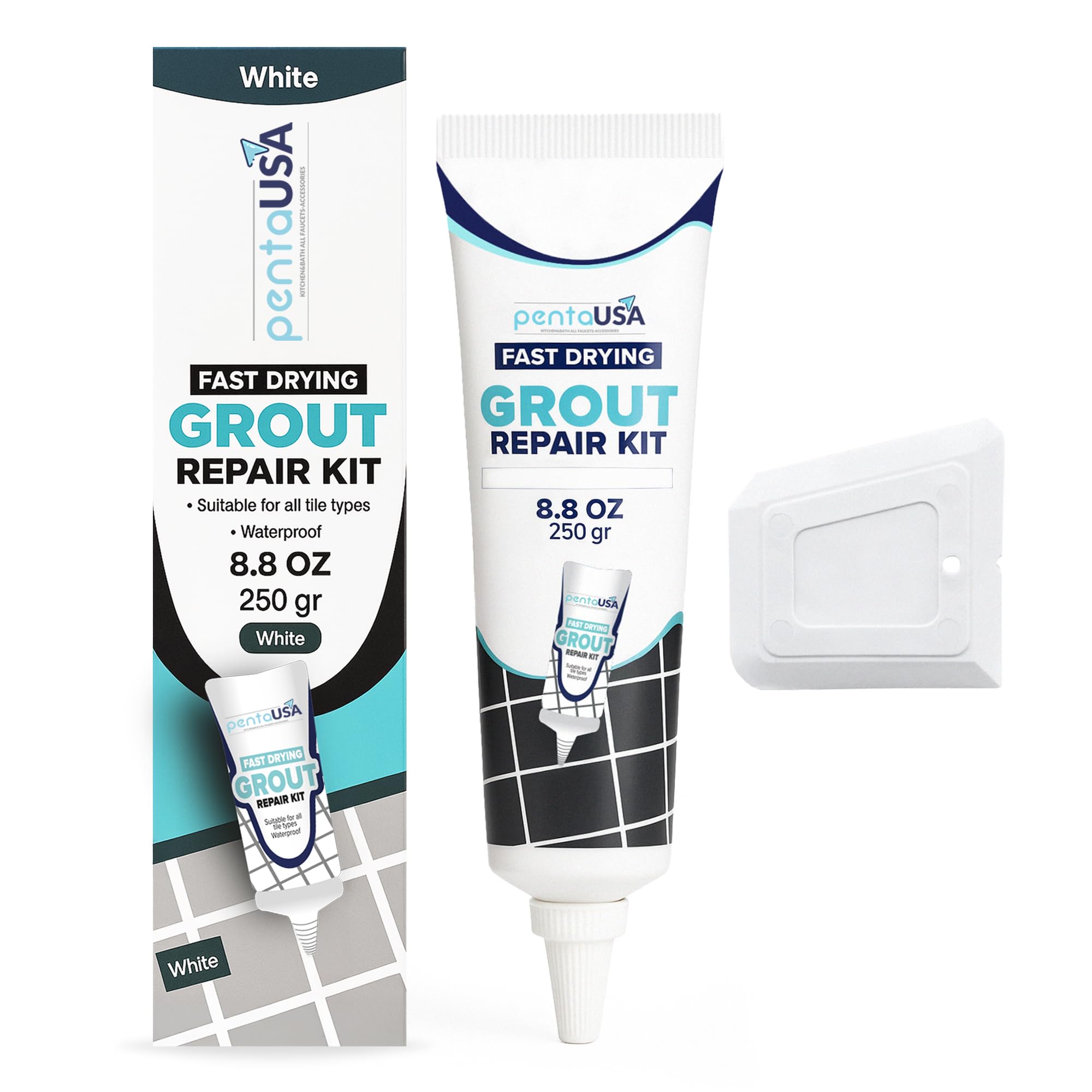 PentaUSA Tile Grout Repair Kit - White Grout Filler, Triple Protection, Fast Drying Formula (8.8oz)