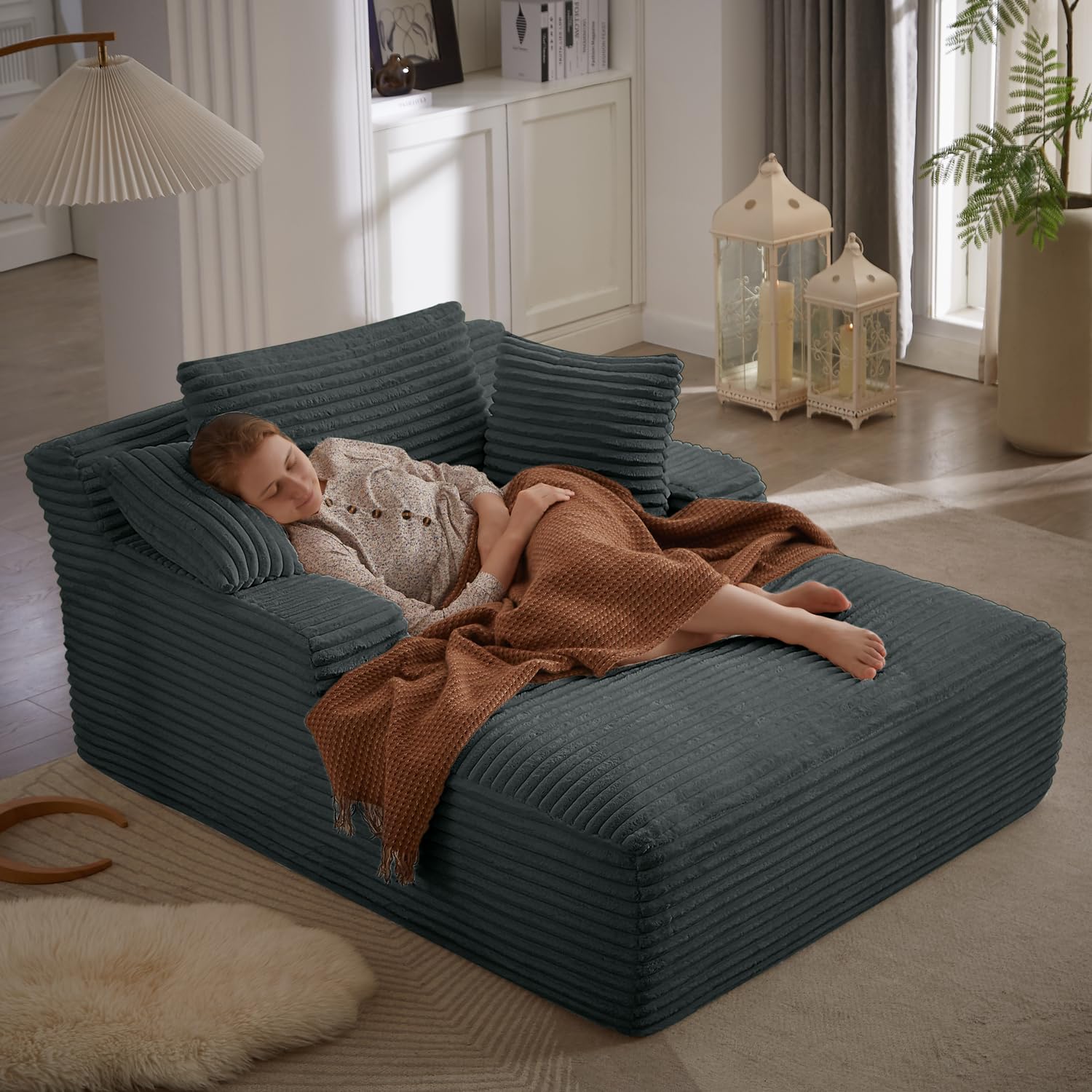 50 Inch Chaise Lounge Chair Indoor, Oversized Corduroy (Dark Grey)