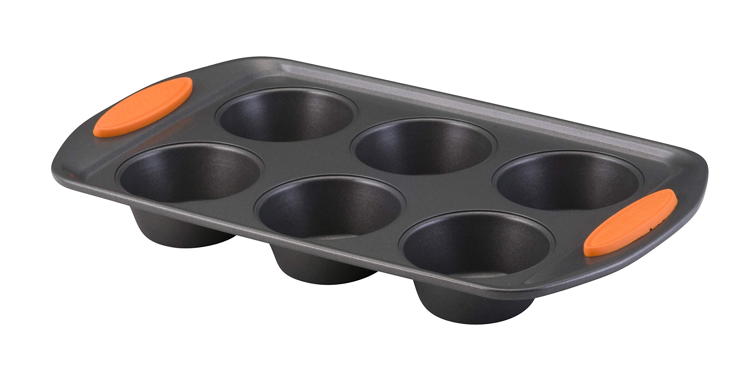 Rachael Ray Yum-o! Nonstick Bakeware Oven Lovin’ Cups Muffin Pan, 6-Cup, Gray with Orange Handles